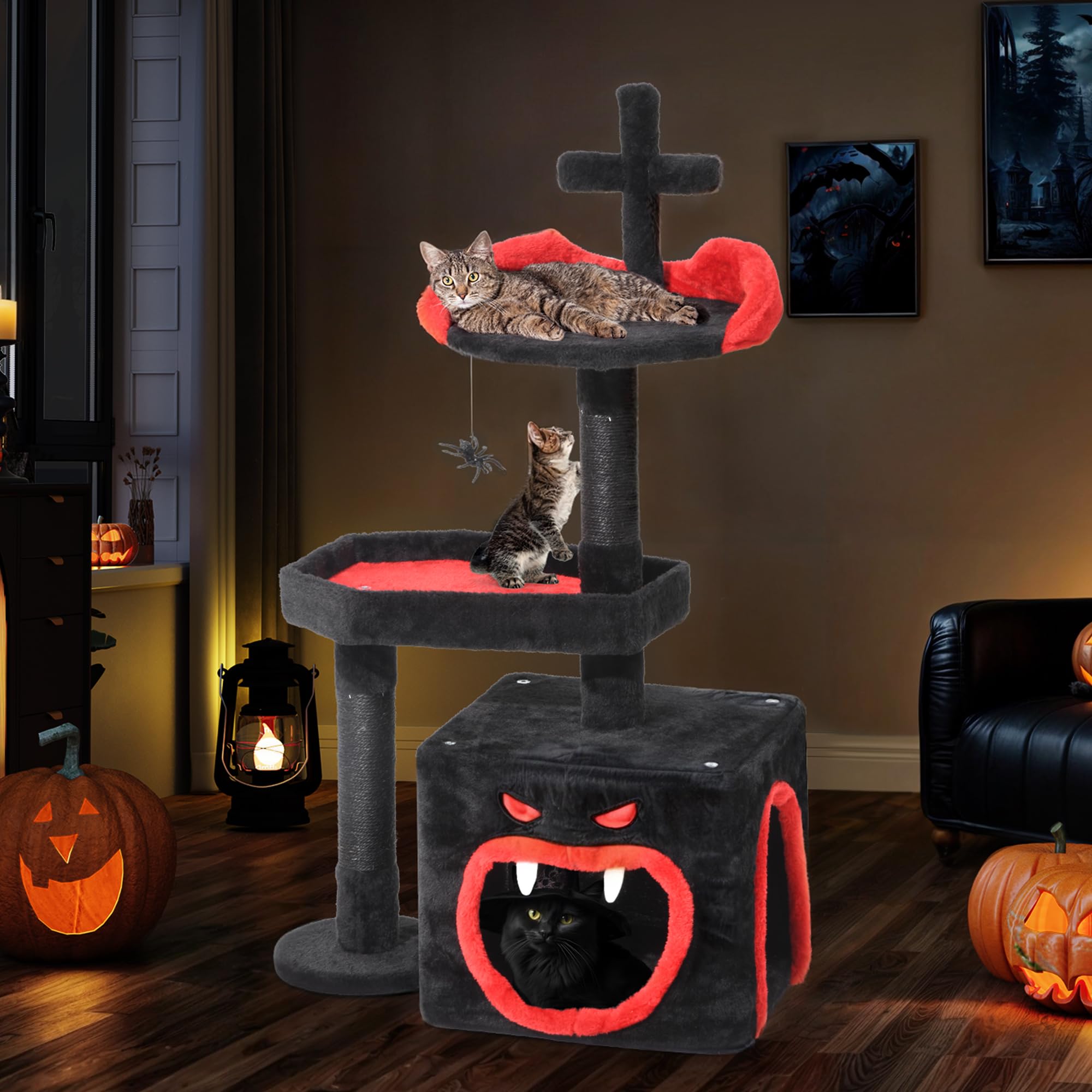 Yitahome Gothic Cat Tree With Coffin Bed, 38.6'' Indoor Cat Tower Featuring Spacious Condo, Spider Hanging Ball, Scratching Post