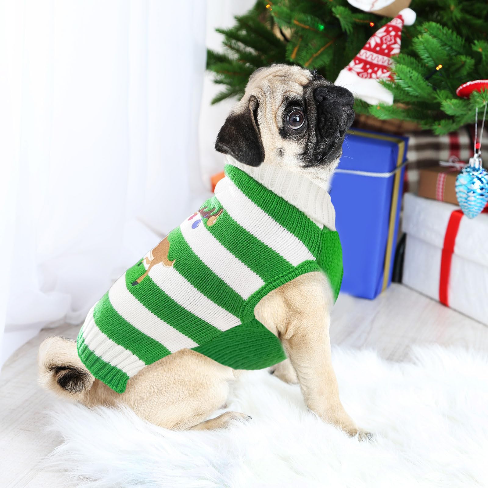 Doggyzstyle Christmas Dog Sweaters Xmas Pet Outfits Striped Elk Costume Holiday Clothes Gifts Puppy Cat Knitted Jumpers (Xs,Gree
