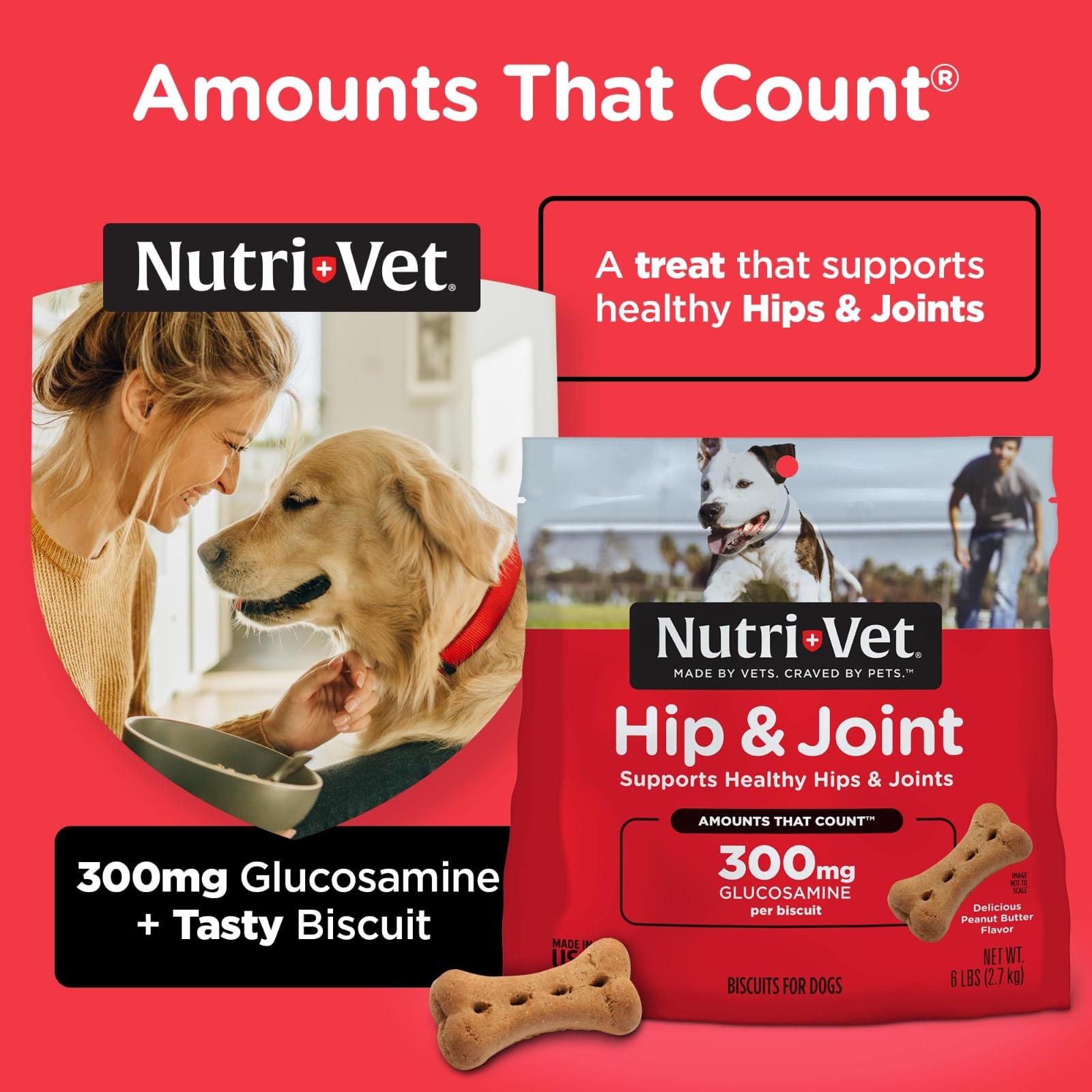 Nutri-Vet Hip & Joint Biscuits for Dogs - 4 lb Large Glucosamine Treats - 300mg Joint Supplement