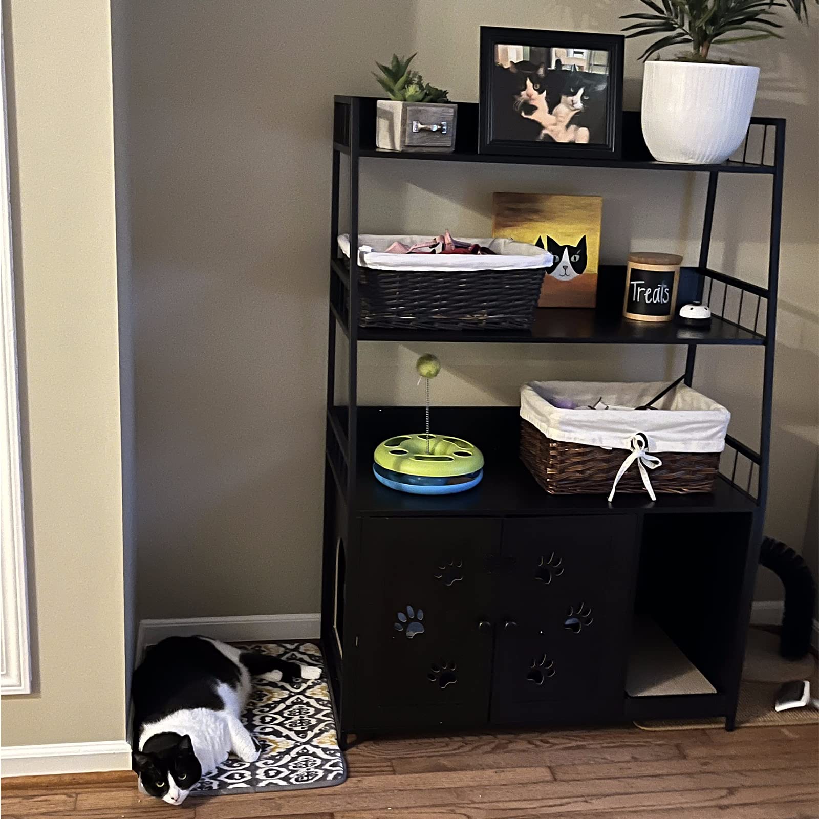 Recaceik Large Cat Litter Box Enclosure With Shelf Storage, Hidden Cat Washroom Furniture, Wooden Cat House With Scratch Pad, St