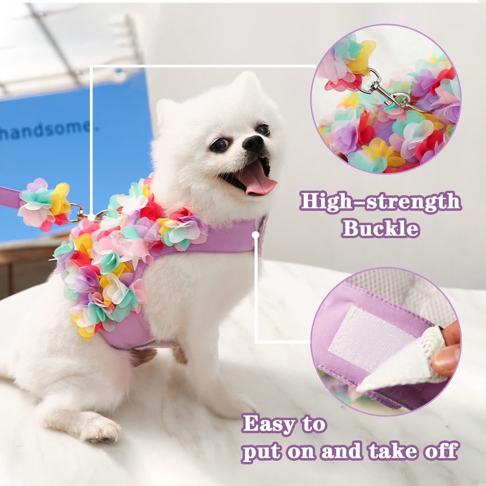 Tengzhi Puppy Dog Harness And Leash Set Purple Lace Floral Dog Vest Harness For Small Dogs Cute Soft Mesh Escape Proof Pet Cat Vest Harness