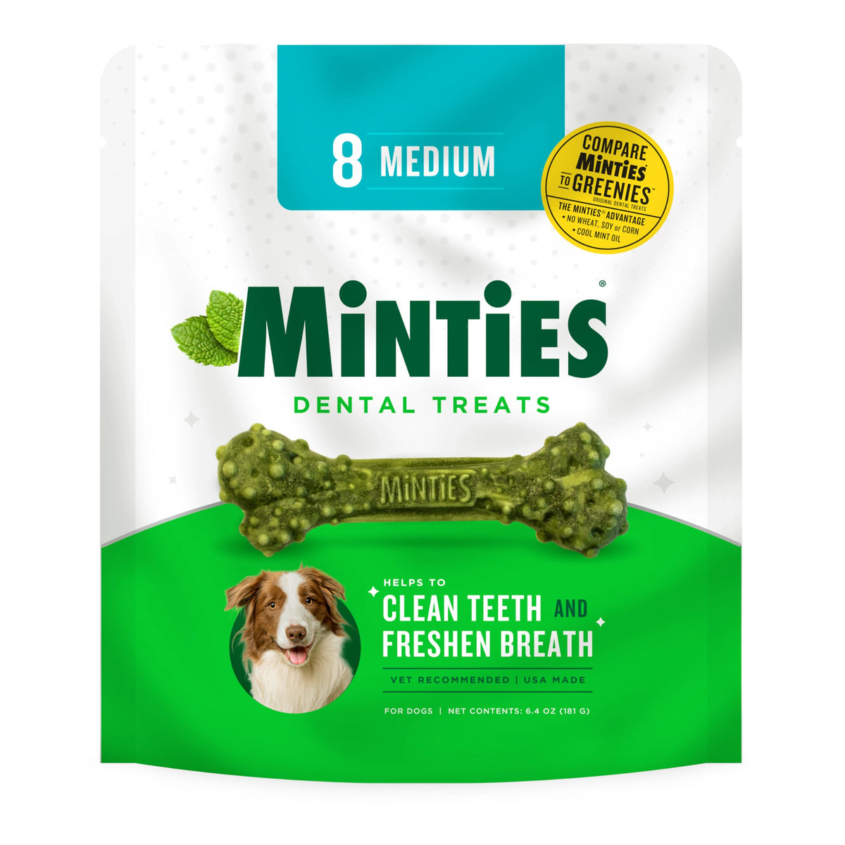 Minties Dental Chews For Dogs, 8 Count, Vet-Recommended Mint-Flavored Dental Treats For Medium Dogs 25-50 Lbs, Dental Bones Clean Teeth, Fight Bad Breath, And Removes Plaque And Tartar