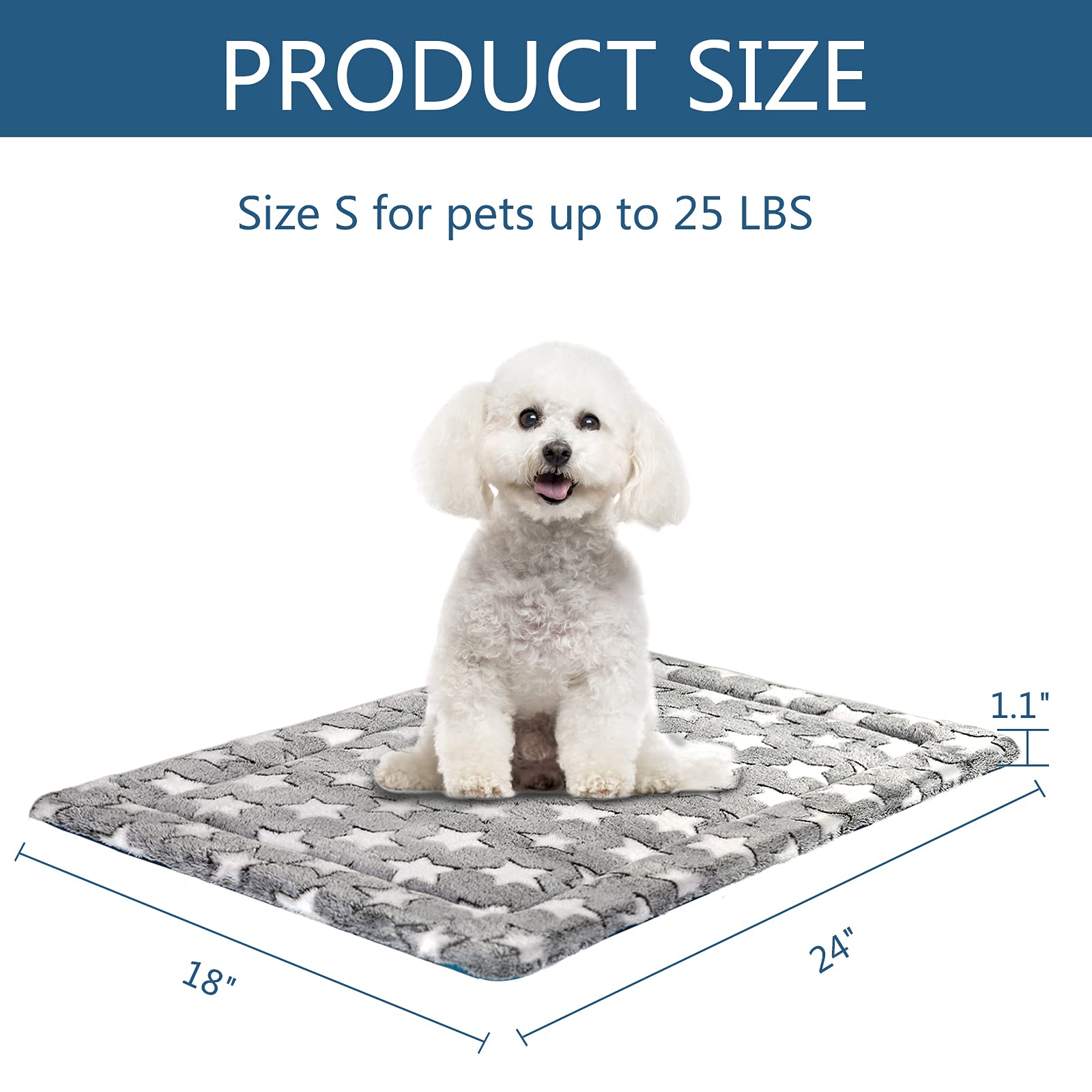 KROSER Fancy Dog Crate Pad & Bed Mat, Reversible (Cool & Warm), Machine Washable, Small to XXX-Large Dogs, Grey, Navy, Star Patt