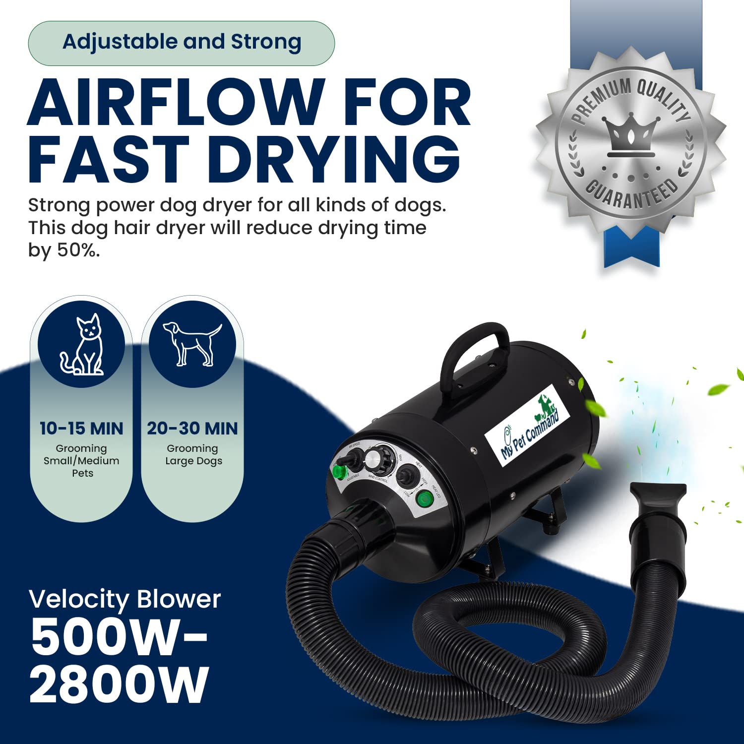 My Pet Command Dog Dryer Blower, Ultra Quiet, Professional High Velocity Blower Adjustable Hot And Cold Airflow, For Drying Deshedding With Accessories, 110V, 500W-2800W 4.5Hp