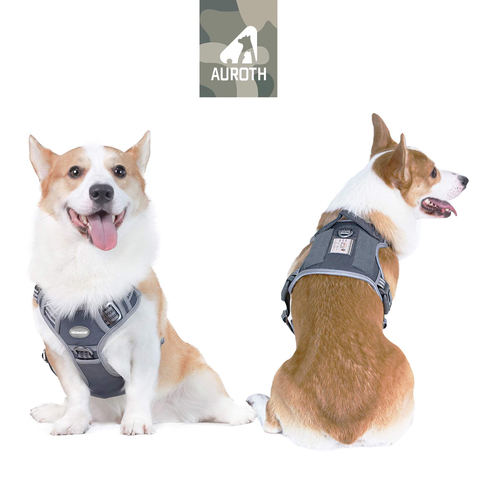 Auroth Tactical Dog Harness For Small Medium Dogs No Pull Adjustable Pet Harness Reflective K9 Working Training Easy Control Pet Vest Military Service Dog Harnesses Grey M