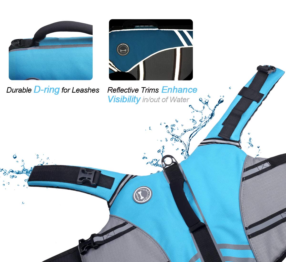 Vivaglory Sports Style Dog Life Jacket With Adjustable & Durable, Extra Flotation Swim Life Vest With Secure Fastening System For Medium Dogs, Blue