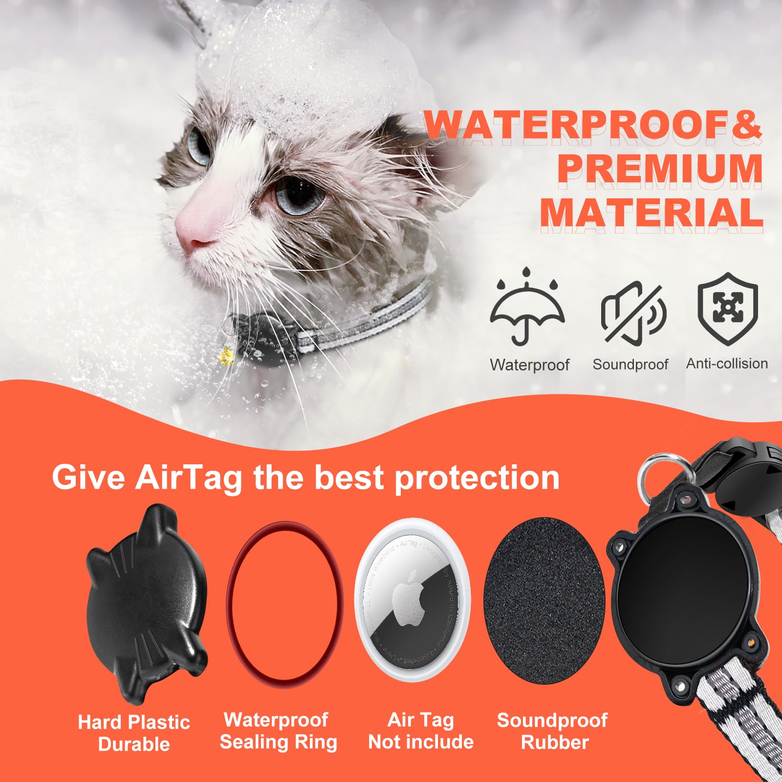 Domiphie Airtag Cat Collar - Integrated Cat Collar With Bells & Airtag Holder, Lightweight Reflective Cat Tracker Collar, Breaka