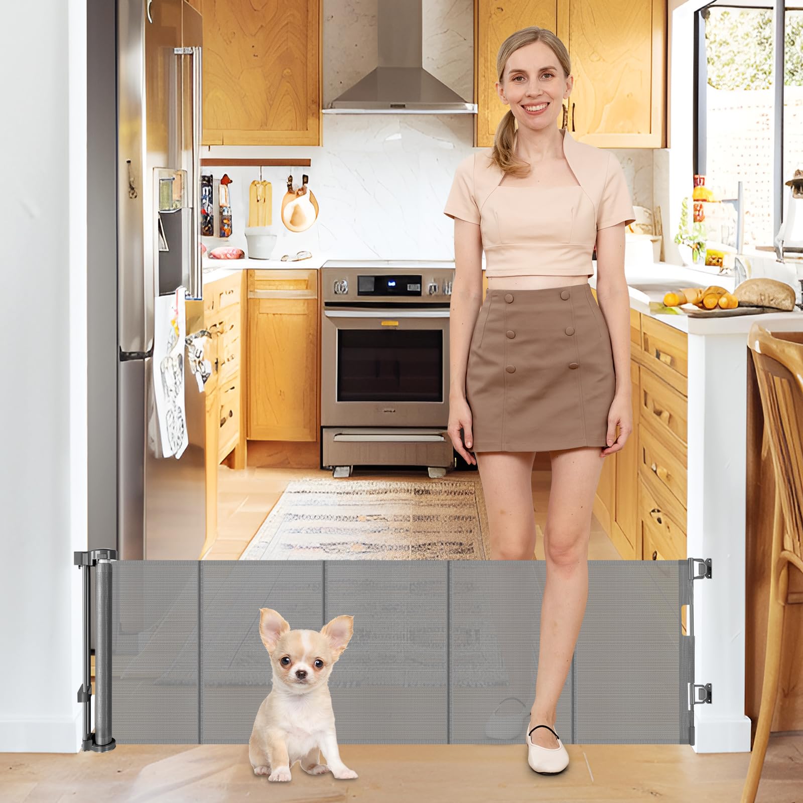 Borthmiu 20 Inches Tall Retractable Short Pet Gate, Extends up to 55'' Wide, Gray Mesh Dog Gate for Small Dogs & Puppies, Indoor