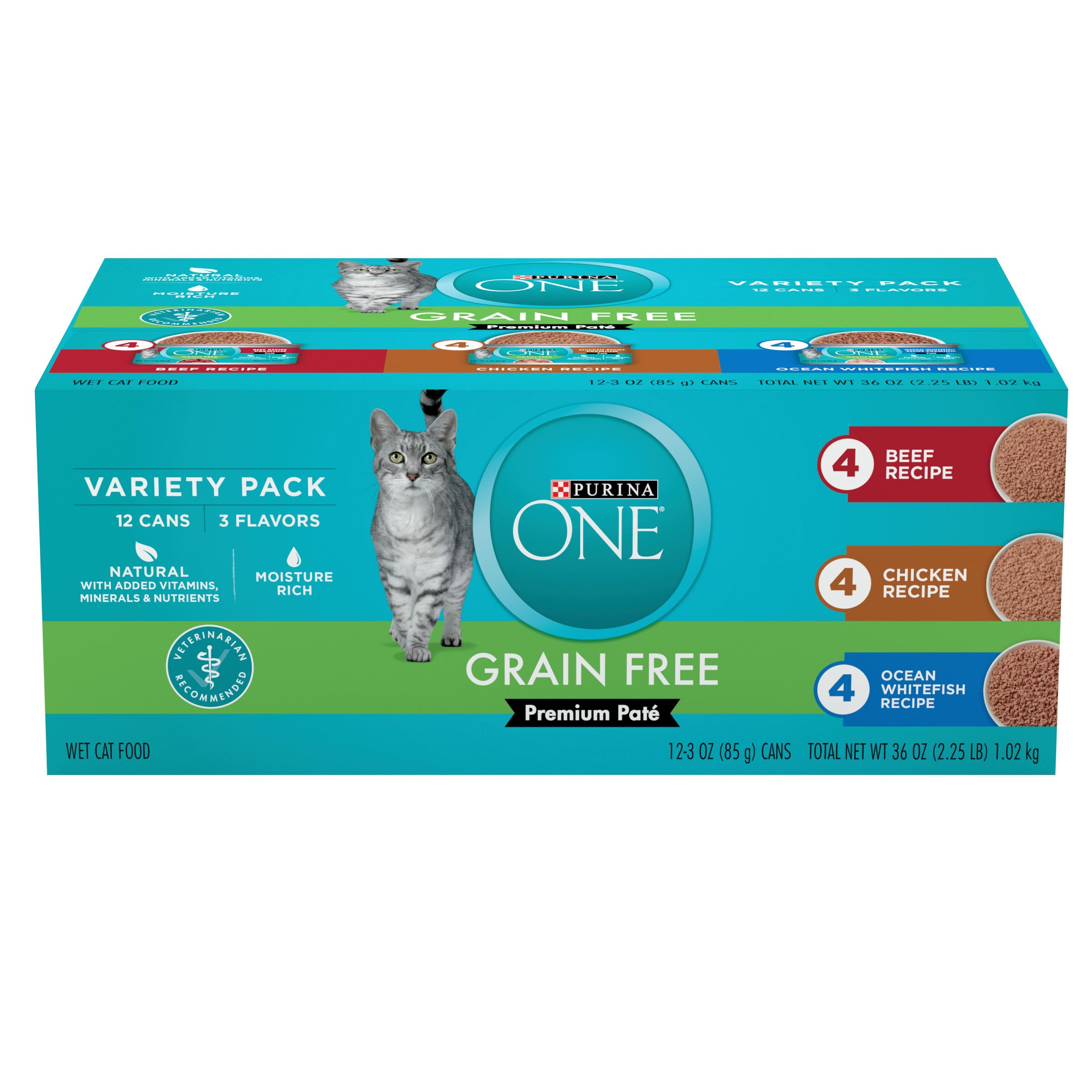Purina ONE Grain Free, Natural Pate Wet Cat Food Variety Pack, Beef, Chicken and Ocean Whitefish Recipes - (2 Packs of 12) 3 oz.
