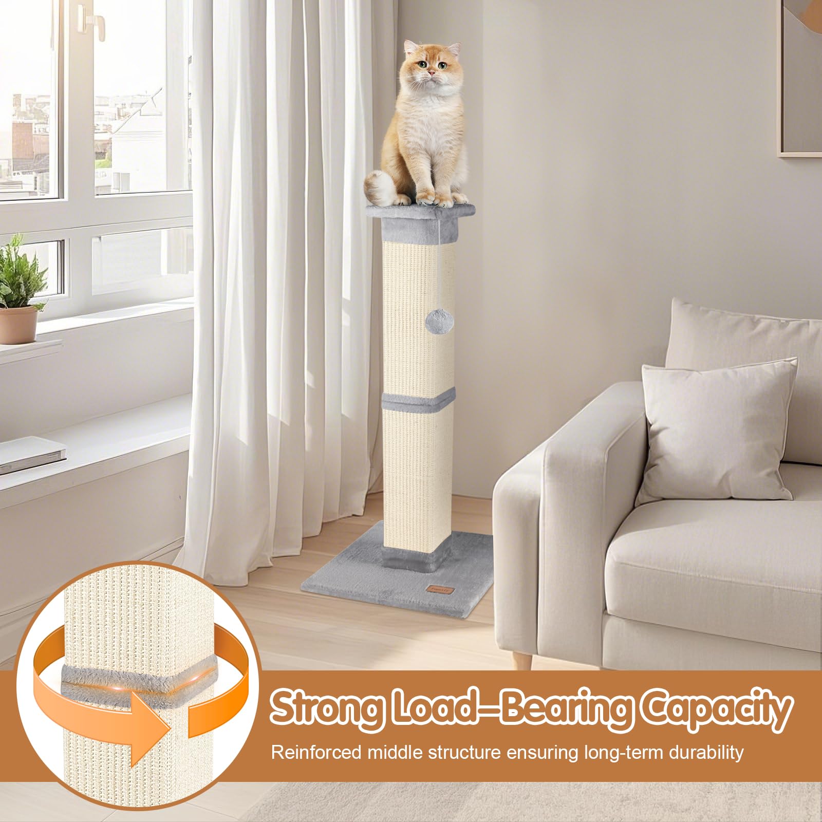 Cat Scratching Post 33 Inch For Indoor Cats, High Cat Scratch Post Black, Cat Tree For Full-Body Stretching, Protect Your Furnit