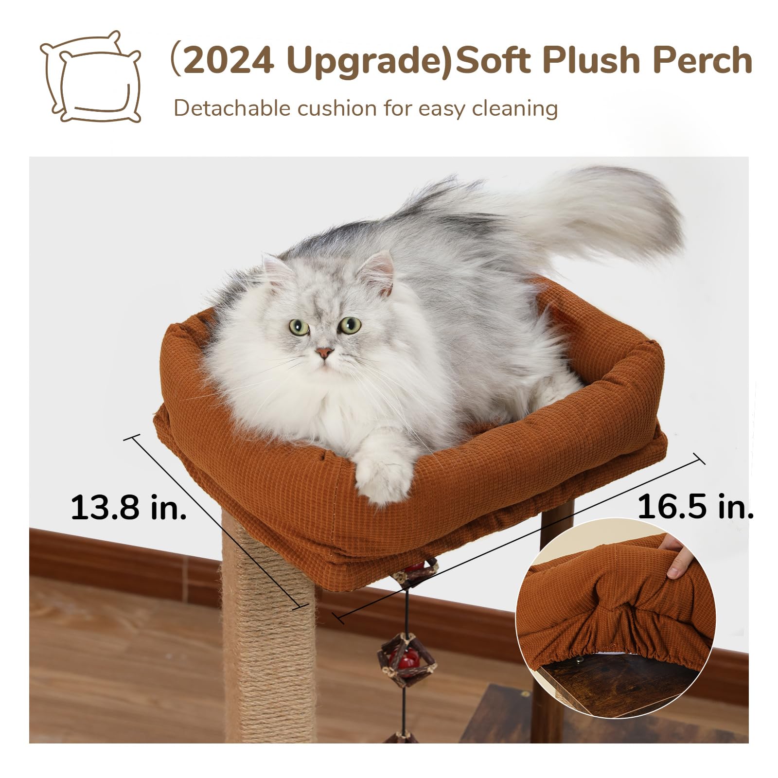 Fukumaru Cat Scratching Post, Modern Style Cat Tree With Unique Square Post, Wooden Cat Tower With Silvervine Balls, Retro Cat C