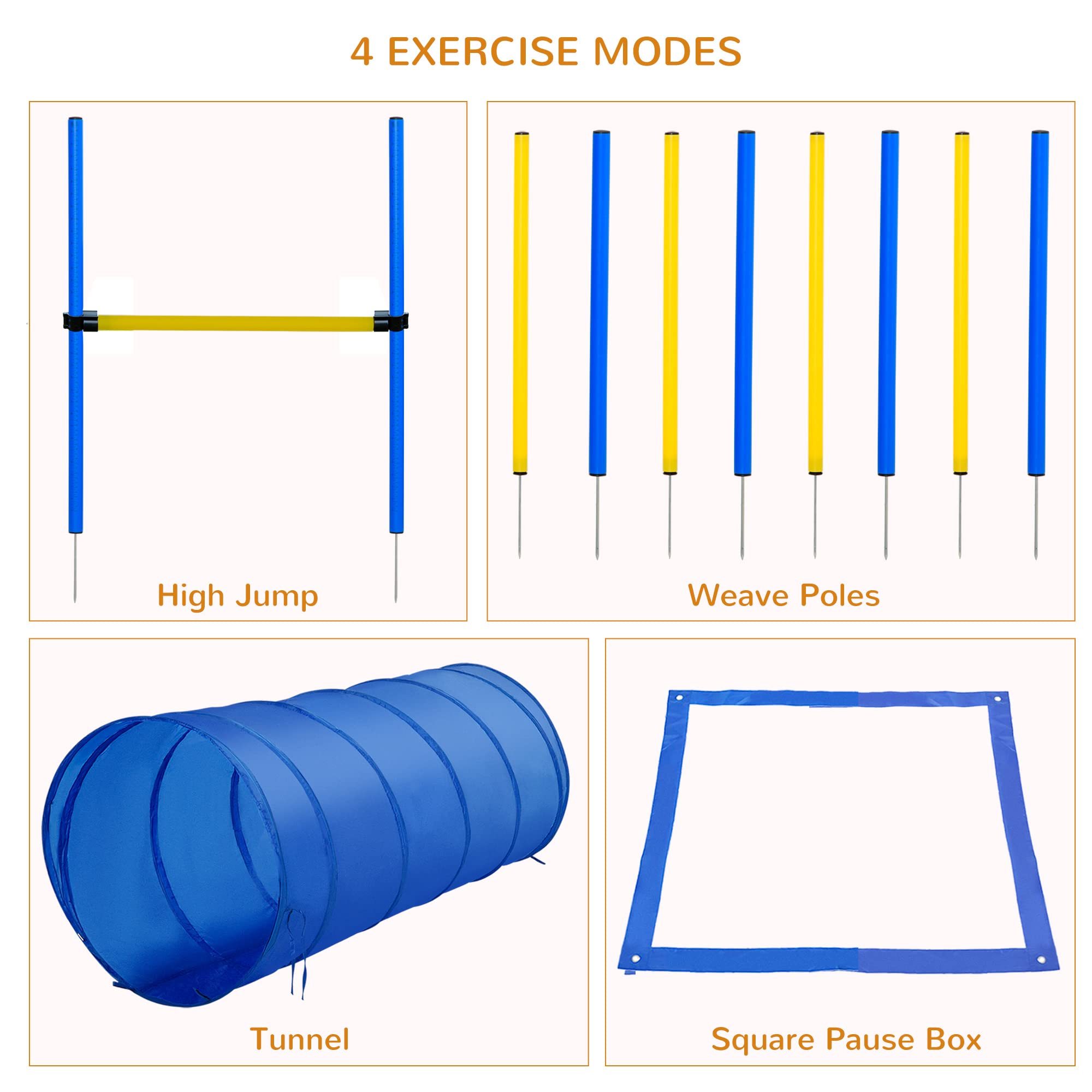 Pawhut 4Pc Obstacle Dog Agility Training Course Kit Backyard Competitive Equipment- Blue/Yellow