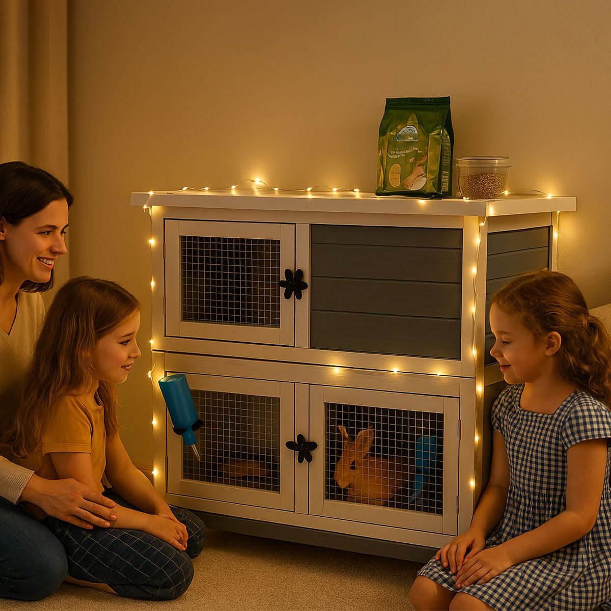 2 Story Rabbit Hutch, Indoor Outdoor Bunny Hutch Solid Wood Rabbit Cage With Removable Trays, Waterproof Asphalt Roofs And Venti