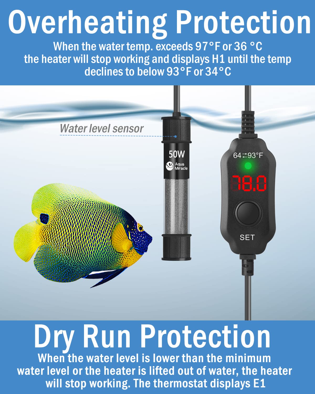 Aquamiracle Adjustable 50W Aquarium Heater Submersible Fish Tank Heater Super Short Aquarium Heater With Led Digital Display Thermostat, For Tanks 5-10 Gallons