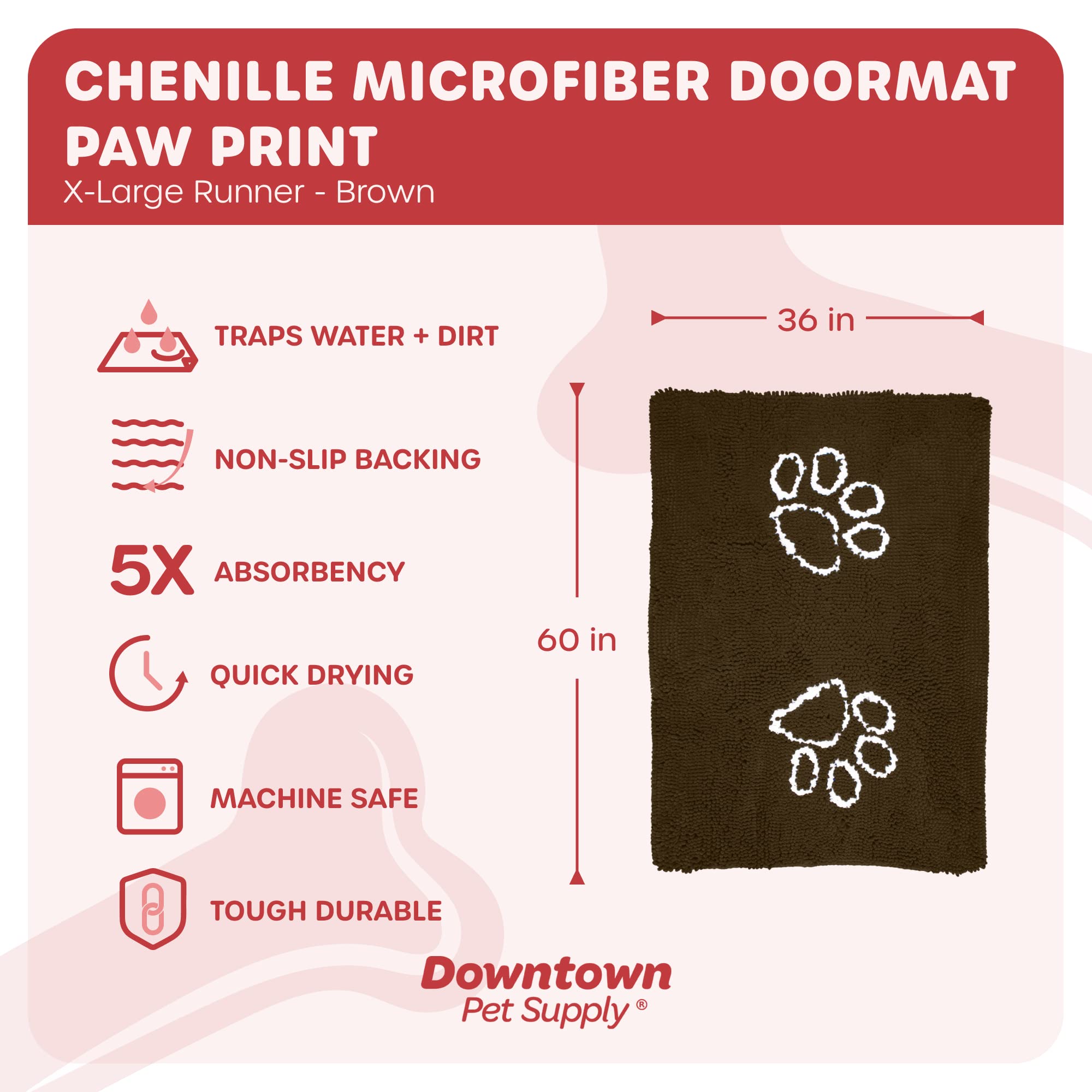 My Doggy Place Microfiber Dog Mat for Muddy Paws, 60 x 36 Brown with Paw Print - Non-Slip, Absorbent and Quick-Drying Dog Paw Cl
