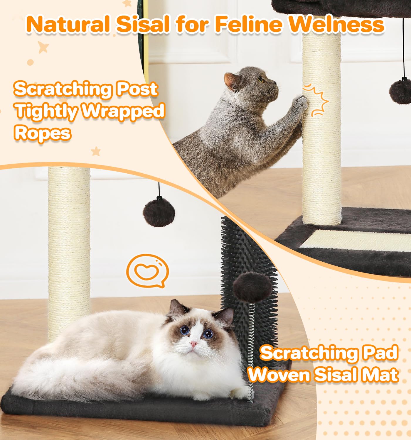 Made4Pets Small Cat Tree Tower, Cat Scratching Post 4-In-1 With Cat Self Groomer Brush, 20'' Tall Natural Sisal Cat Scratcher, S