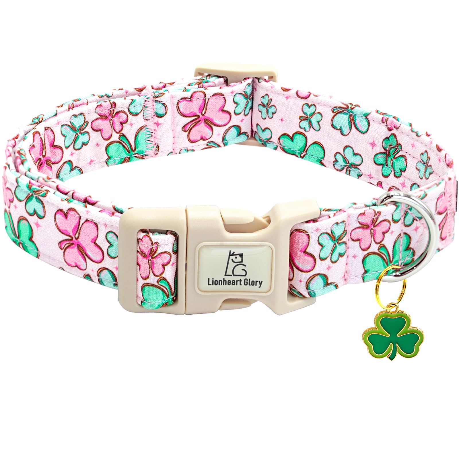 Lionheart Glory St. Patrick Dog Collar, Clover Pink Collar For Small Dogs Spring Female Dog Collars Adjustable Heavy-Duty Puppy 