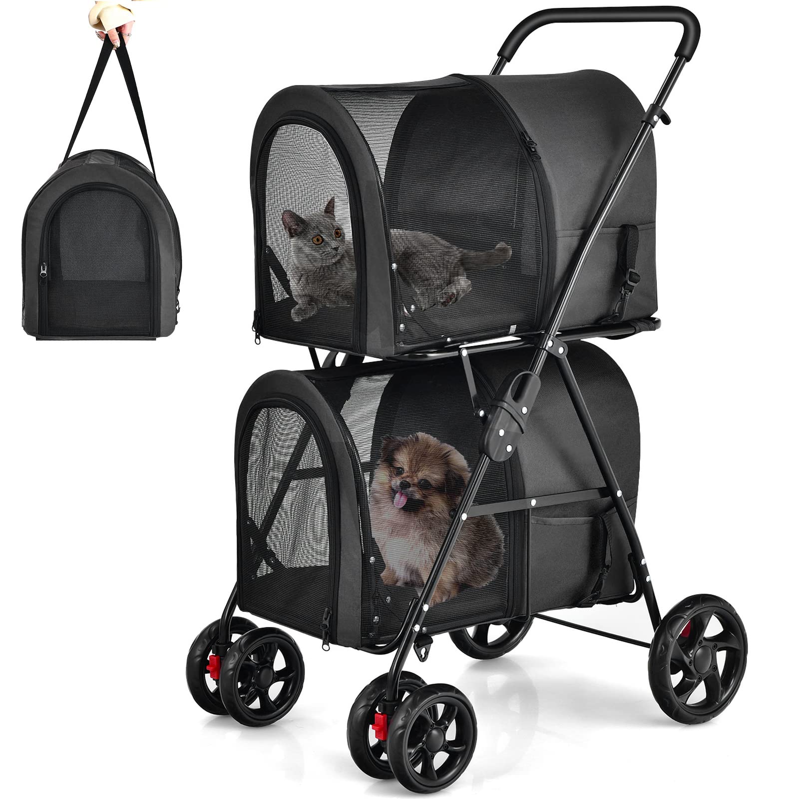 Giantex Double Pet Stroller With 2 Detachable Carrier Bags, Safety Belt, 4 Lockable Wheels Cat Stroller Travel Carrier Strolling Cart, Folding Dog Stroller For Small Medium Dogs Cats Puppy (Black)