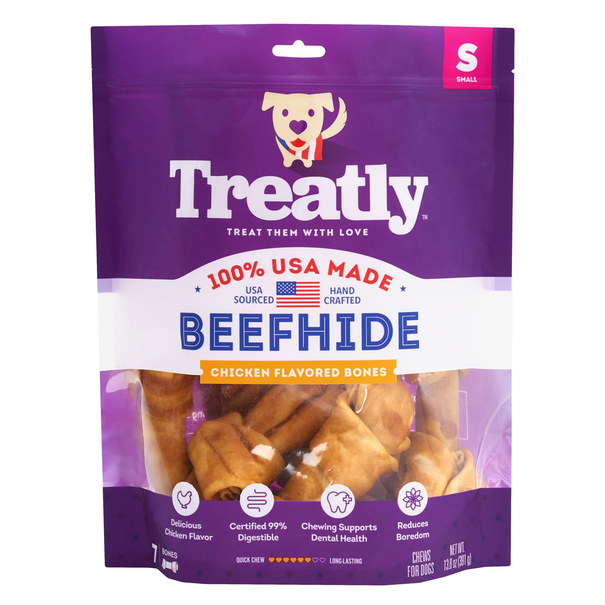 Treatly USA Beefhide Bones 5-6 Dog Chew Treats - Chicken Flavor, 7 Count/1 Pack