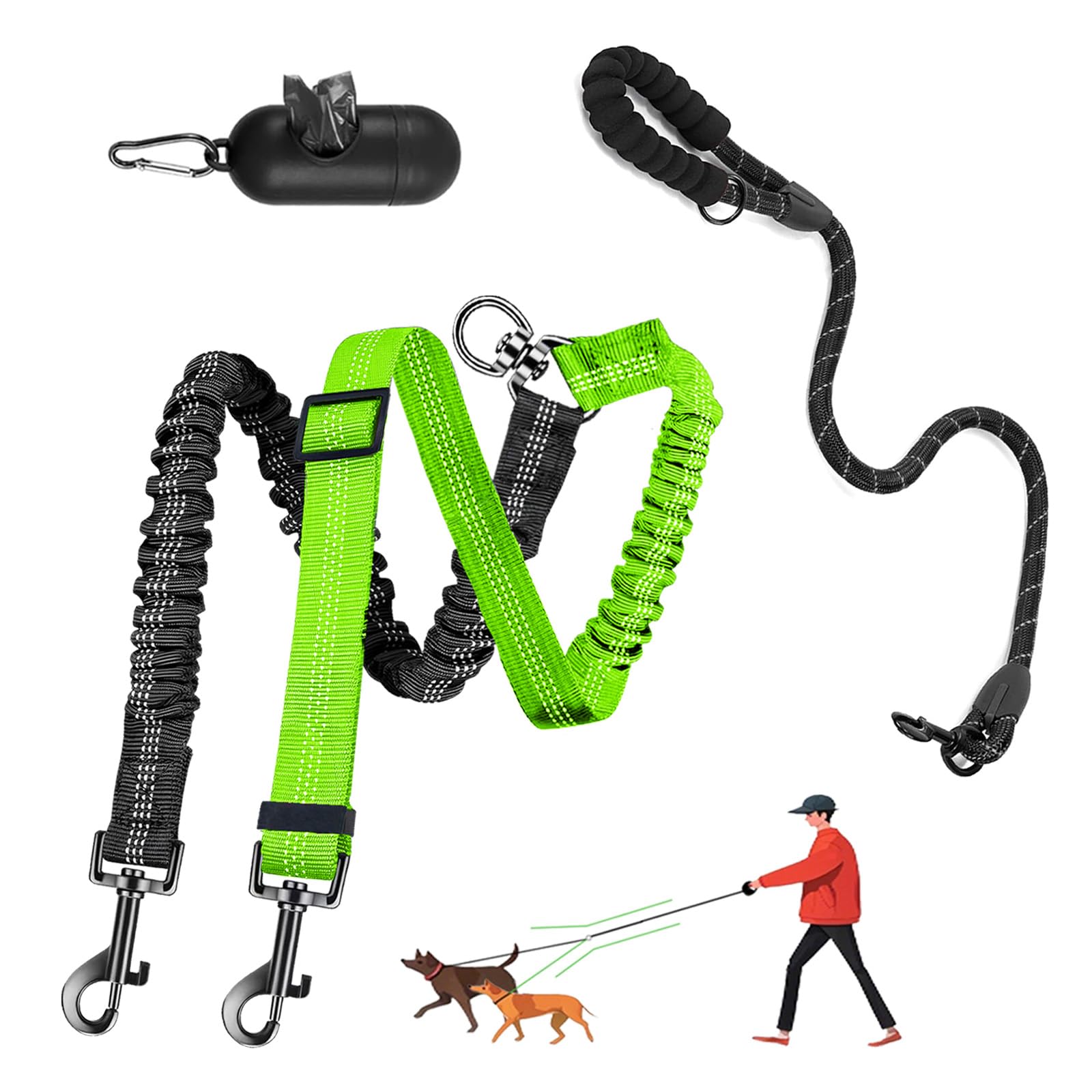 Leosasa Double Dog Leash - 360Swivel Tangle Free Splitter Attachment, 1 Rope With Handle, 2 Dogs Multi-Functional Leash, For Out