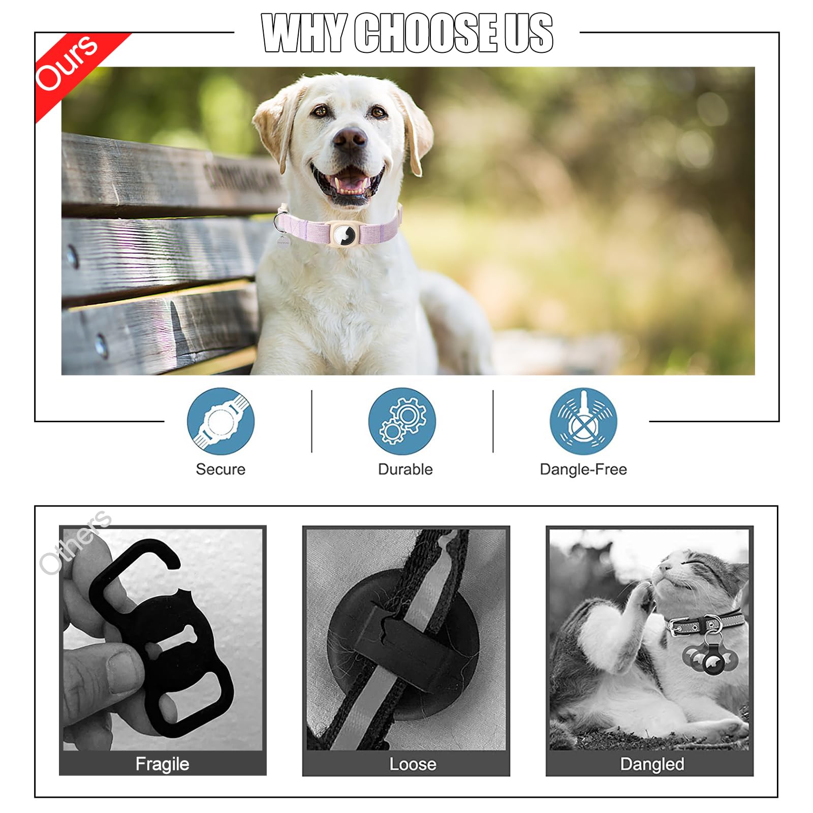 Dogwong Airtag Cotton Hemp Dog Collar, Heavy-Duty Dog Collar With Airtag Holder Purple Collars Natural Fabric Pet Dog Collar Cut