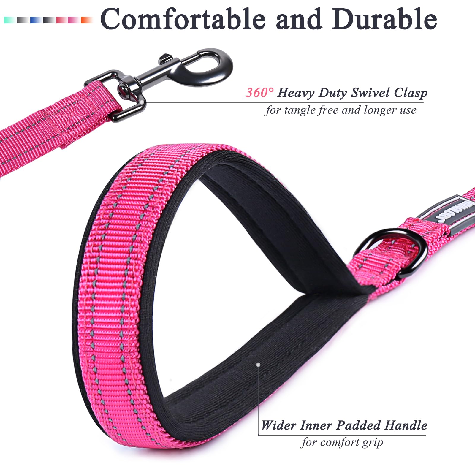 Vivaglory Traffic Handle Dog Leashes, Two Padded Soft Handles Strong Dog Leash, Reflective & Metal Hook Training Dog Lead, Pink,