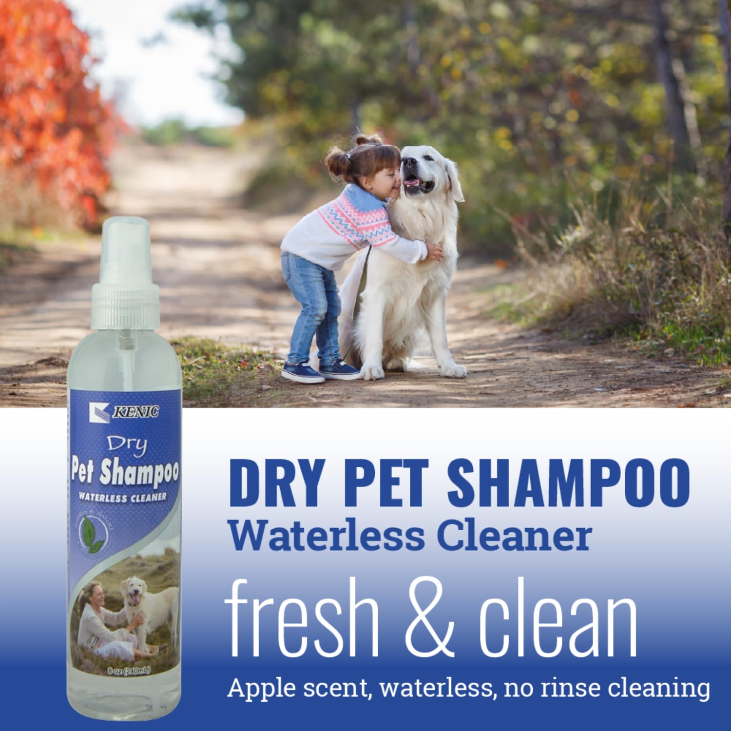 Kenic Refreshing Apple-Scented Pet Dry Pet Shampoo Spray Cleanser for Dogs, Cats, Ferrets & Rabbits, Spot Clean Spray, No Rinse