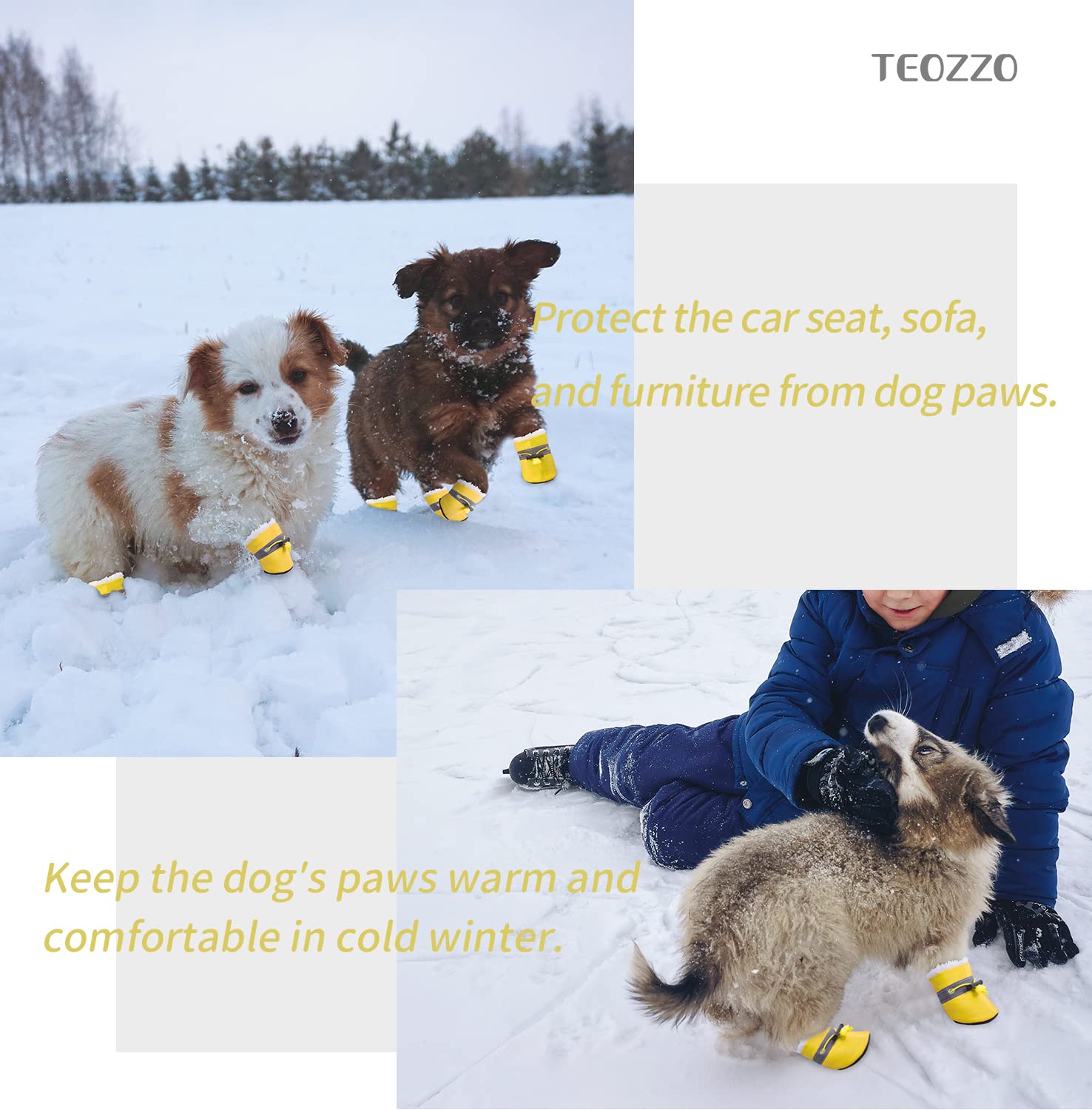 Teozzo Dog Shoes For Winter Dogs Boots & Paw Protector Warm Pet Booties For Puppy With Reflective Strip Dog Snow Boots For Small Medium Size Dogs 4Pcs Yellow Size3
