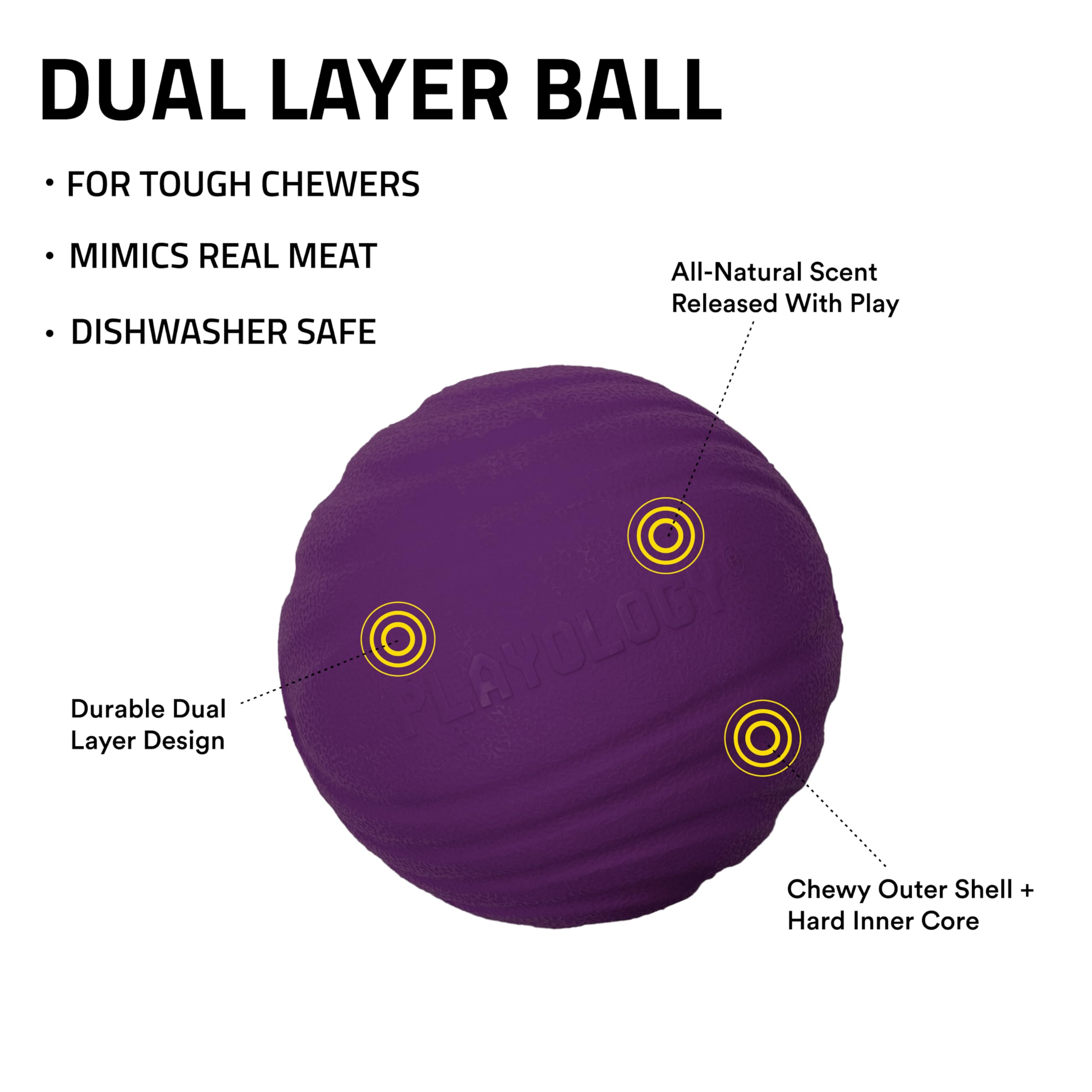 Playology Dual Layer Ball For Dogs | Engaging All Natural Bacon Scented Purple Toy | Jumbo Sized Chew Ball For Large To X-Large