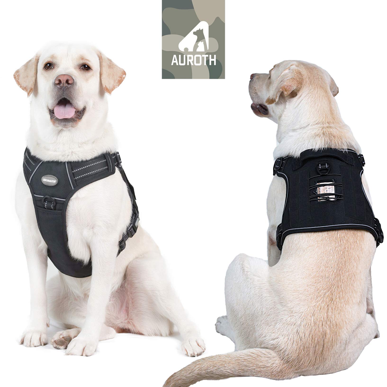 Auroth Tactical Harness For Large Dogs No Pull Adjustable Pet Harness Reflective K9 Working Training Easy Control Pet Vest Military Service Dog Harnesses Black L