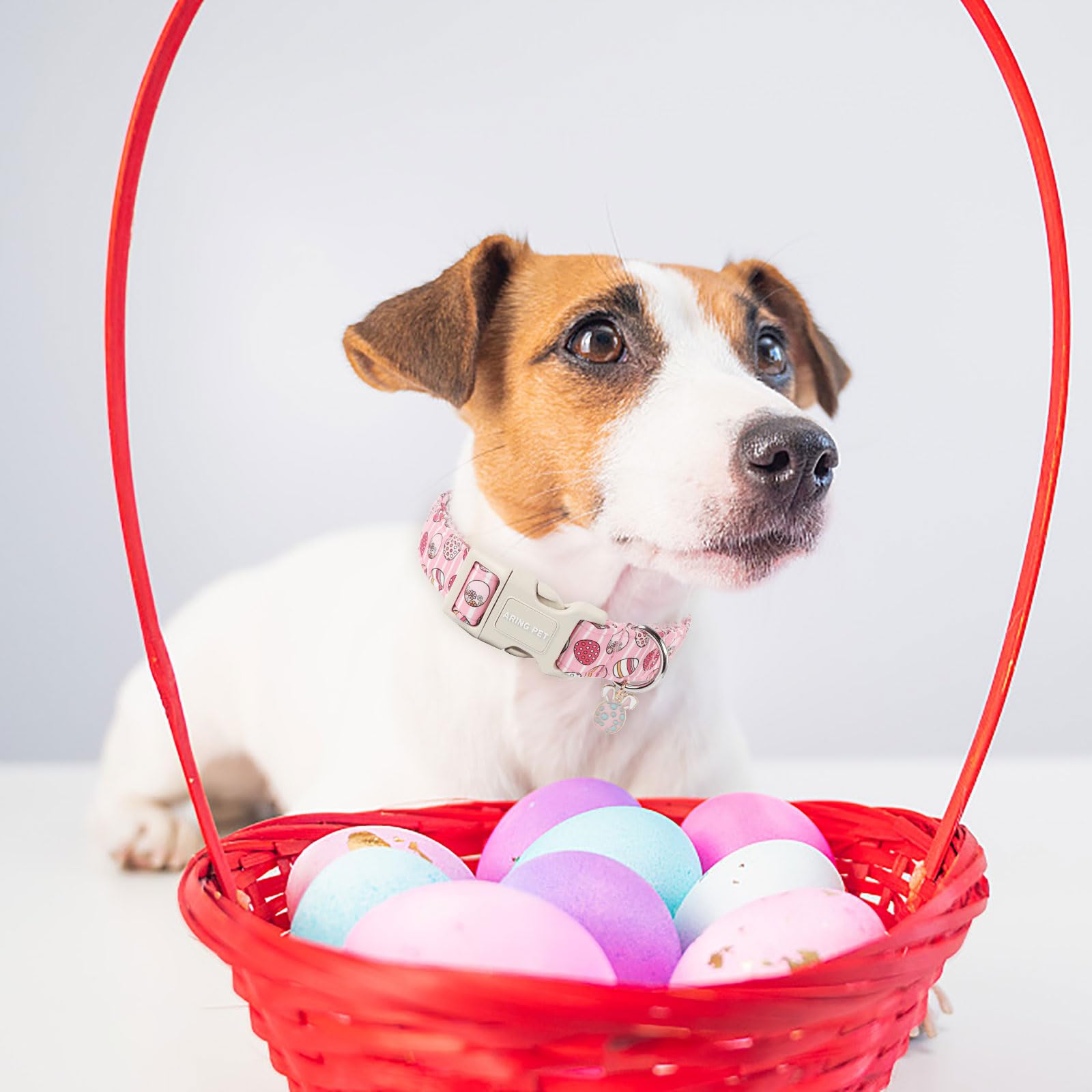 Aring Pet Dog Collar - Cute Pink Striped Collar With Easter Eggs, Adjustable Quick Release Buckle For Dogs