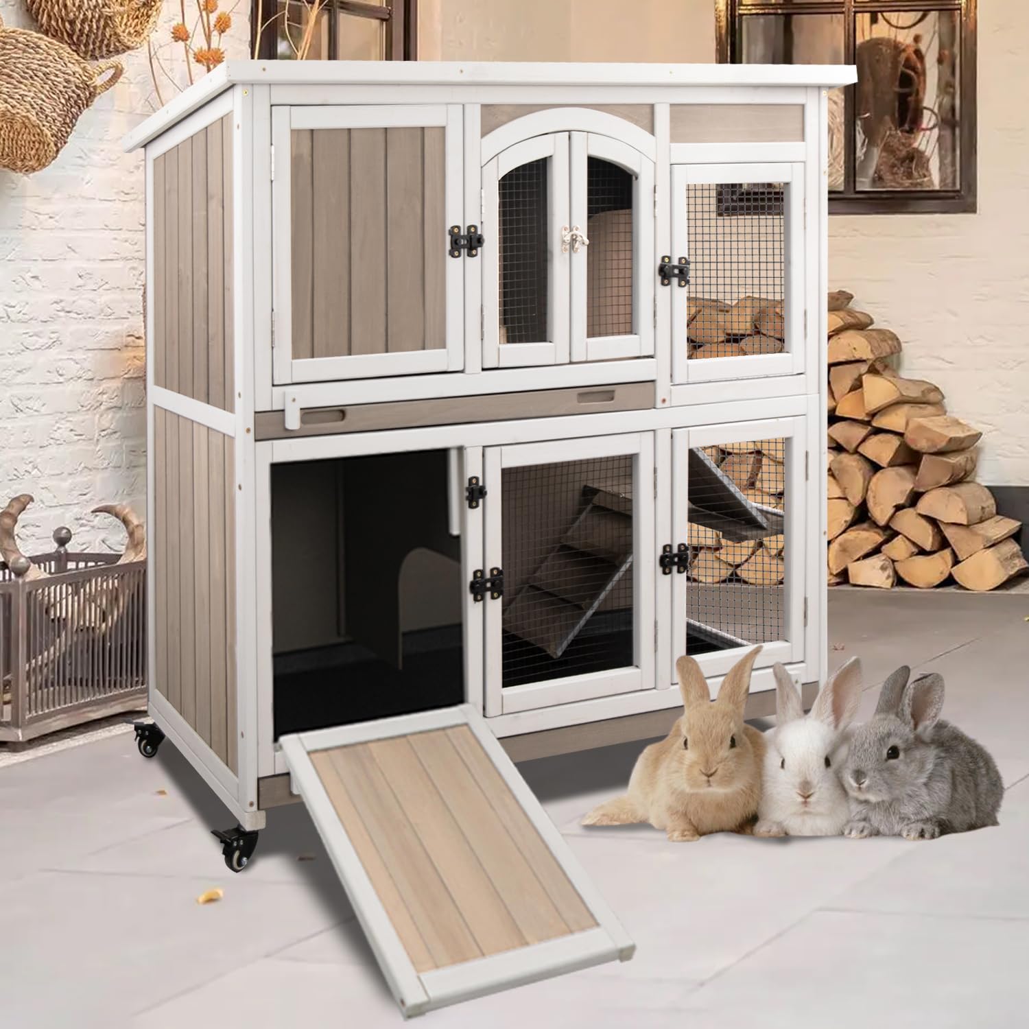 Rabbit Hutch Indoor And Outdoor 2-Story Rabbit Cage With Pull Out Tray,Fir Wood Pet House With Wooden Ramp,Waterproof Bunny Cage