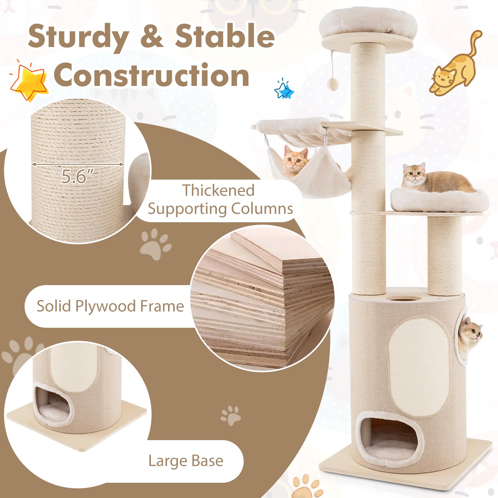 Tangkula Cat Tree Tower, 74 Inch Multi-Level Tall Cat Tower With Sisal Scratching Posts, 2-Story Cat Condo, 2 Hammocks, 2 Perche