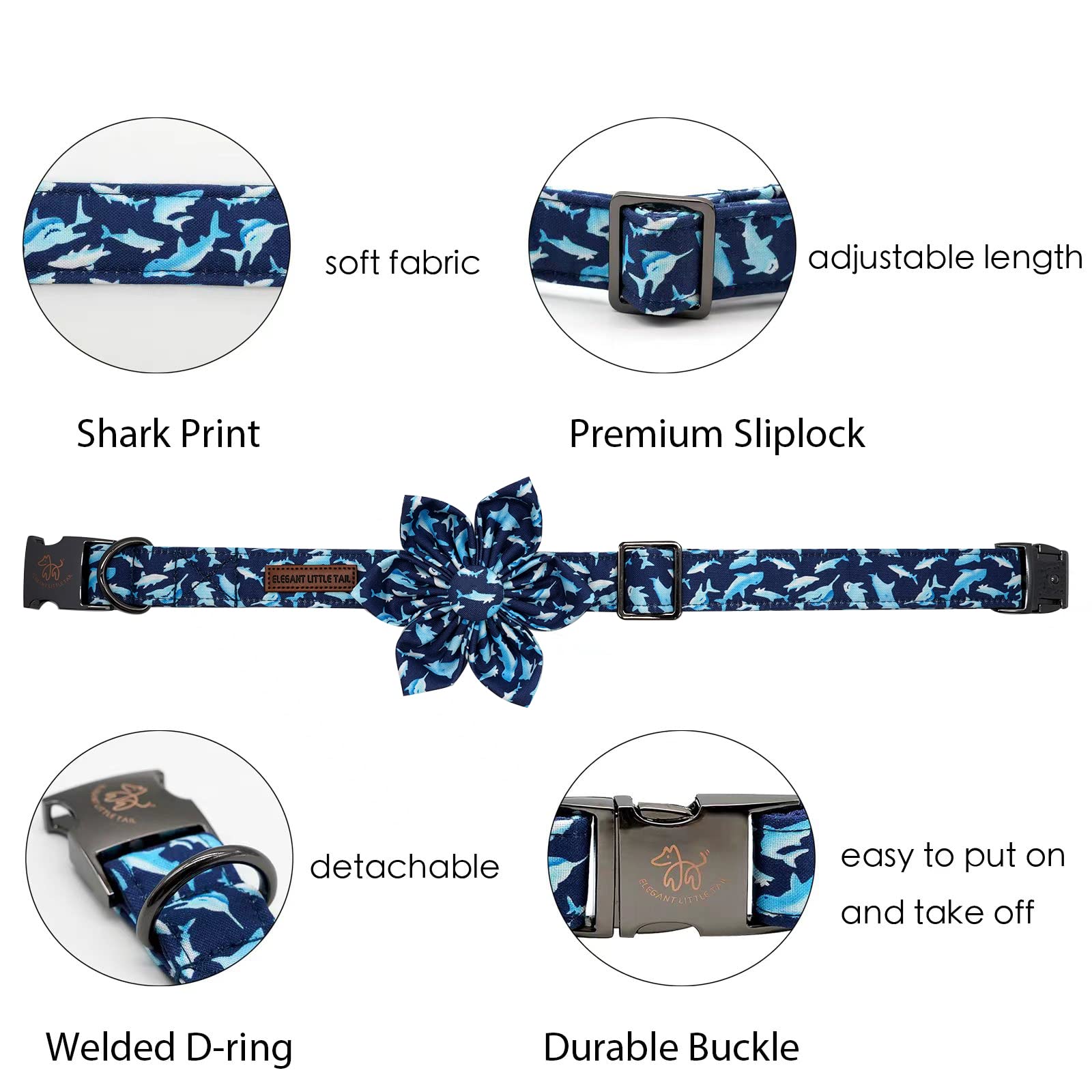 Elegant Little Tail Flower Shark Print Collar - Durable, Cute, Soft, Adjustable for Medium Dogs