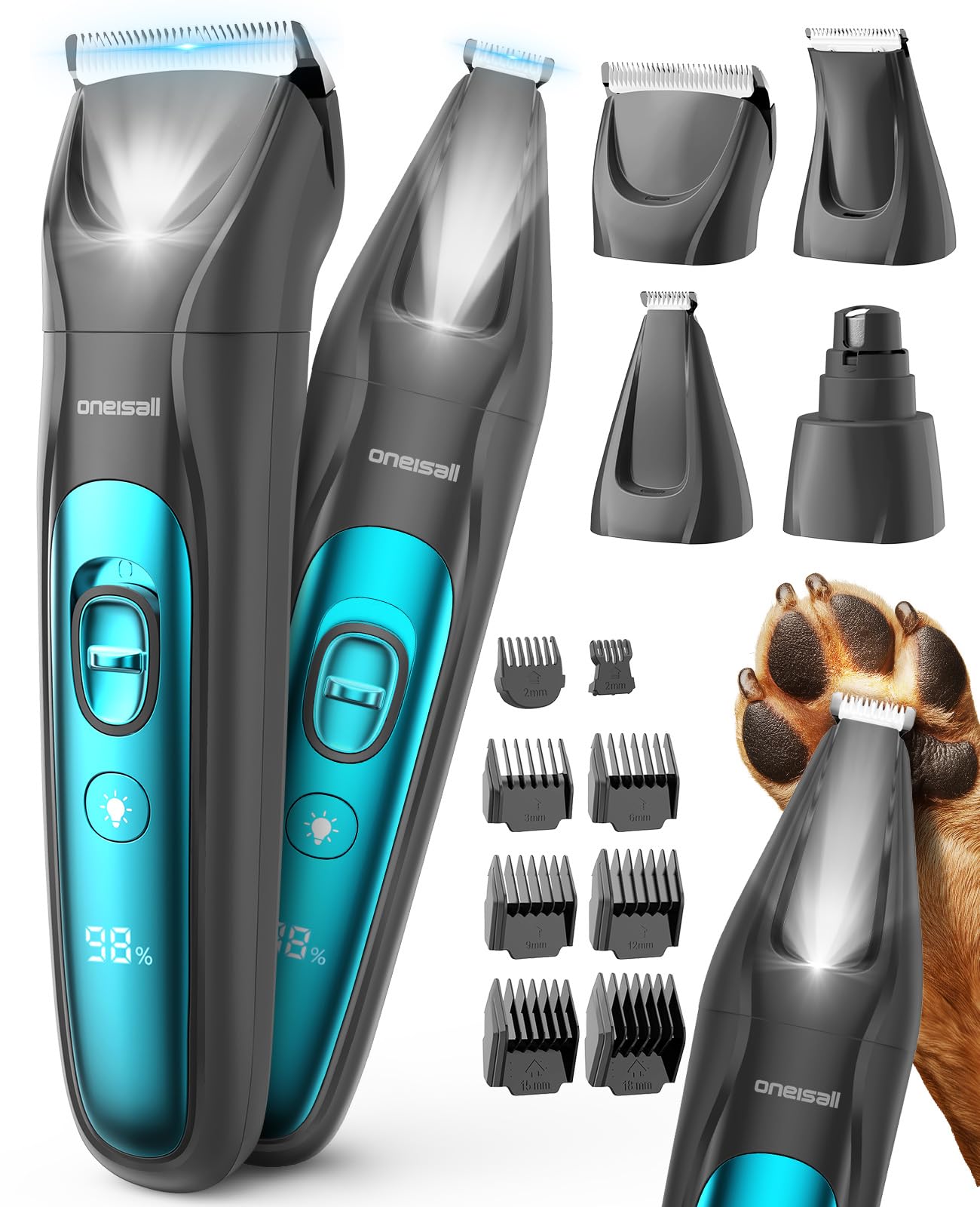 oneisall Silent Dog Clippers for Grooming, LED Light Dog Paw Trimmer Dog Nail Grinder, Rechargeable 2000mAh Dog Grooming Clipper