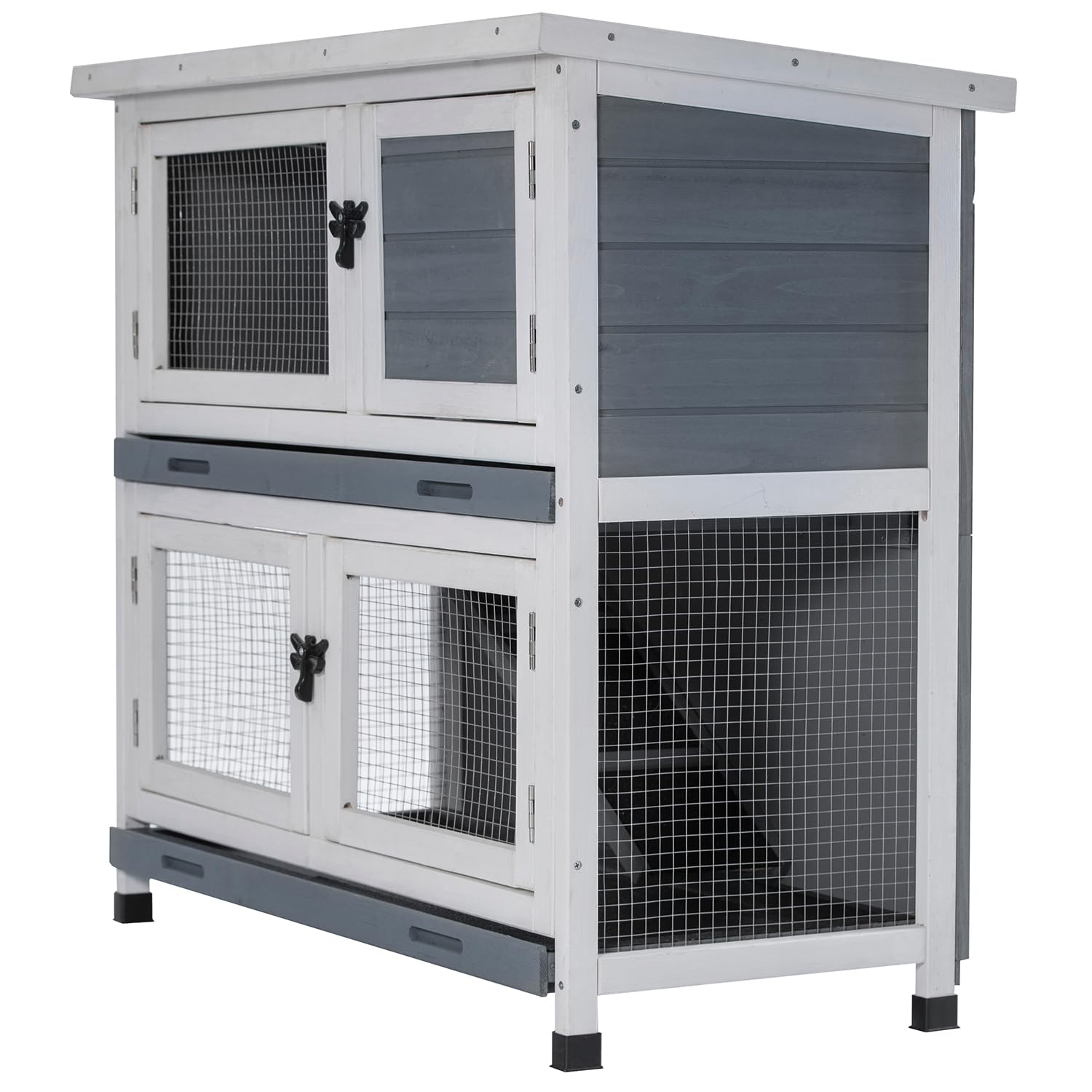 2 Story Rabbit Hutch, Indoor Outdoor Bunny Hutch Solid Wood Rabbit Cage With Removable Trays, Waterproof Asphalt Roofs And Venti
