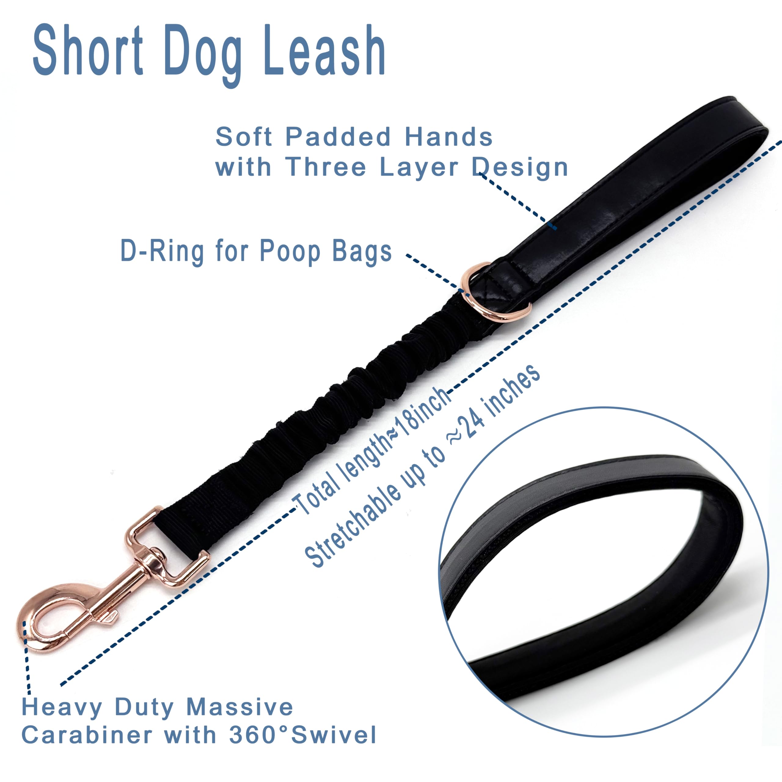 18 Short Dog Leash Comfortable Soft Nylon Bungee Resistance Elastic Short Leash For Large And Medium Dogs (Black, 18-24)
