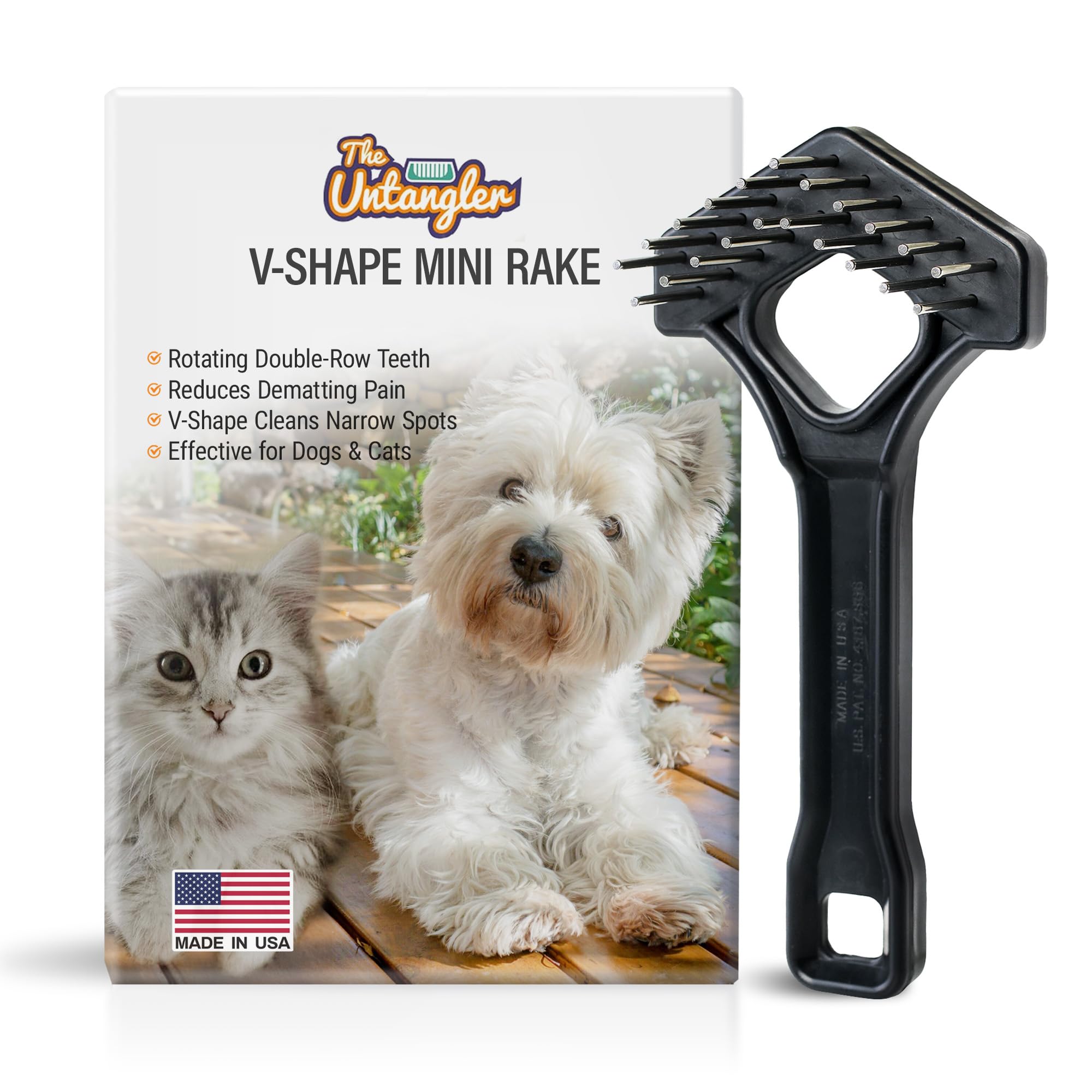 Mini-Rake V-Shape Double Row Rotating Teeth Demats And Grooms Dogs And Cats