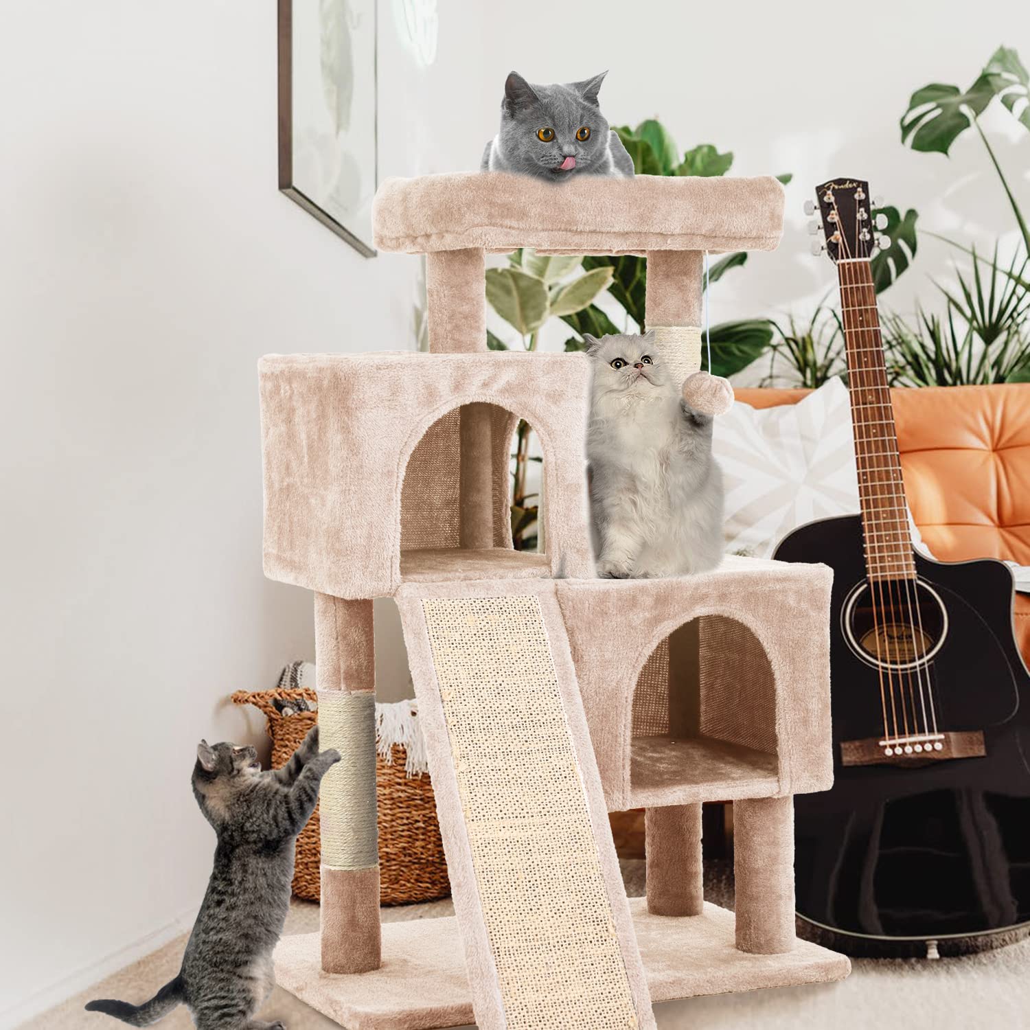 Cat Tree For Indoor Cats, 36In Cat Tower Multi-Level Cat Condo With Sisal Scratching, Scratching Board, Dangling Ball, Extra Lar