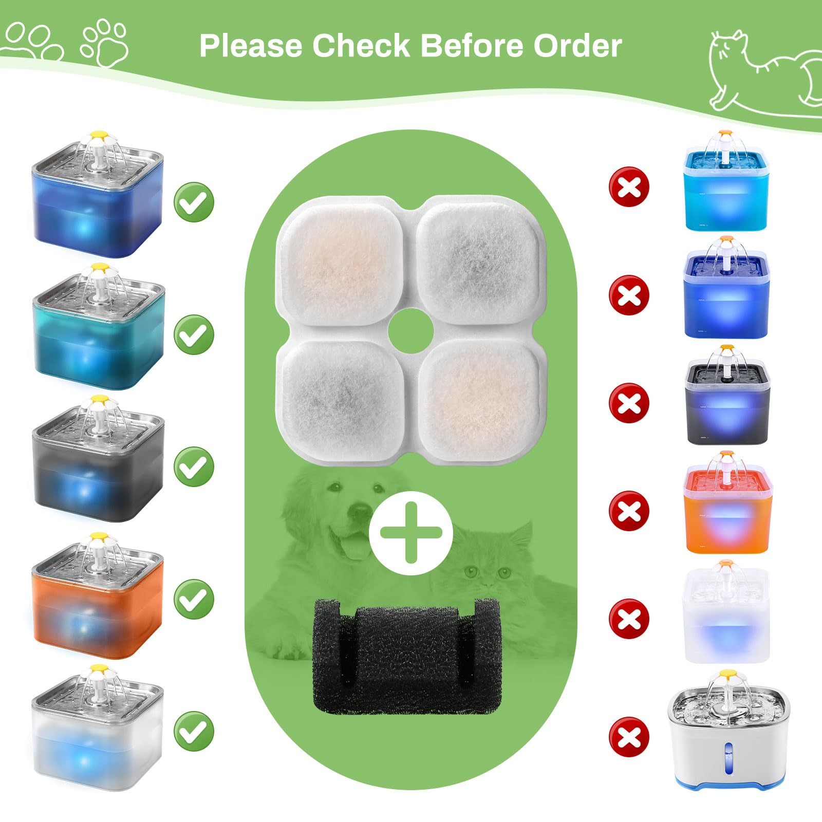 6 Set Cat Water Fountain Filter Replacement For 101Oz/3L Crystal Cat Fountain, Gisofik Pet Fountain Filters Replacement, Triple