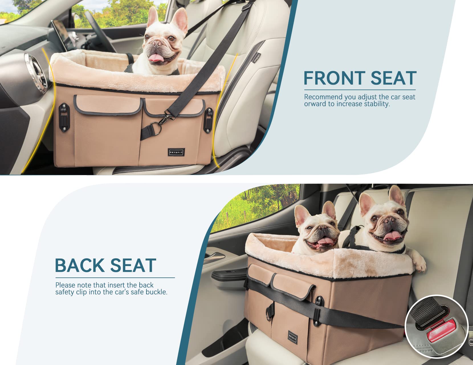 Petsfit Dog Booster Seat For Medium Dogs Or 2 Small Dogs With Patetnt Buckles, Washable Pad, Upgraded Car Seat For Dogs Up To 45