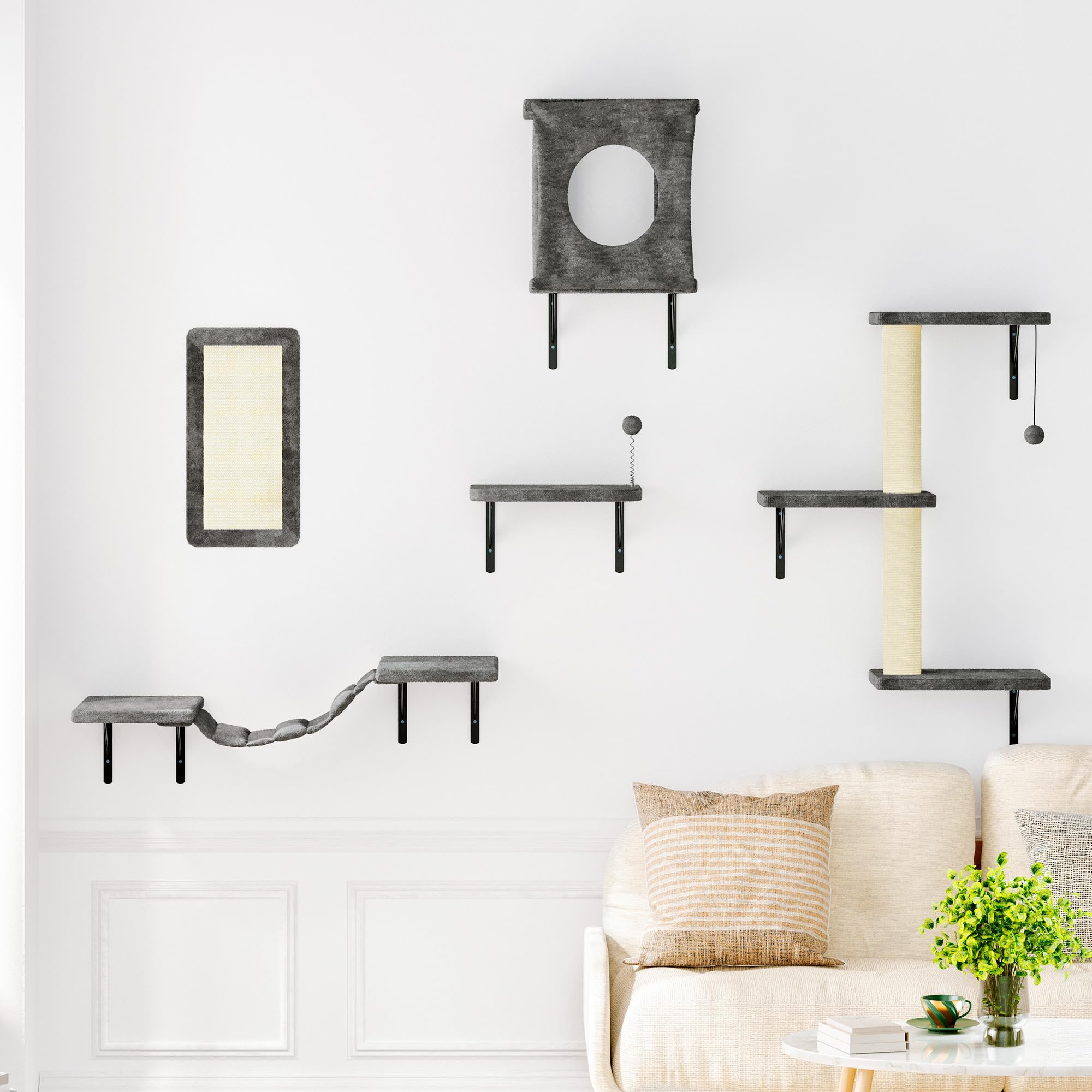 Nunu Lab Cat Wall Shelves, 5Pc Wall Mounted Cat Climber, Floating Perch, Bridge,Tree, House, Modern Indoor Cat Furniture For Kit