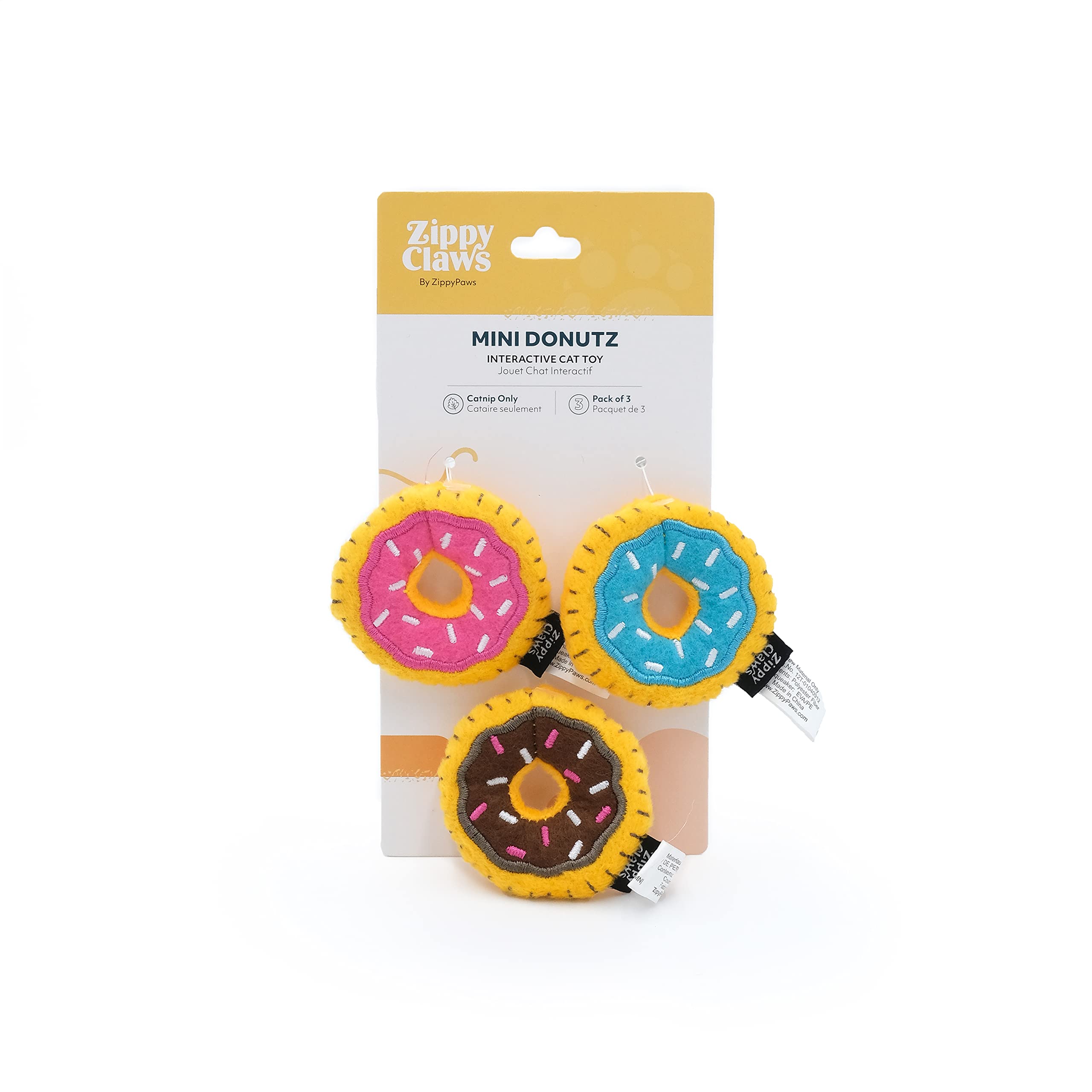 Zippyclaws Catnip Cat Toys - Mini Donutz 3 Pack, Interactive Indoor Kitty Toys For Boredom, Chasing, And Scratching, Unique Novelty Plush Toys For Kittens & Cats