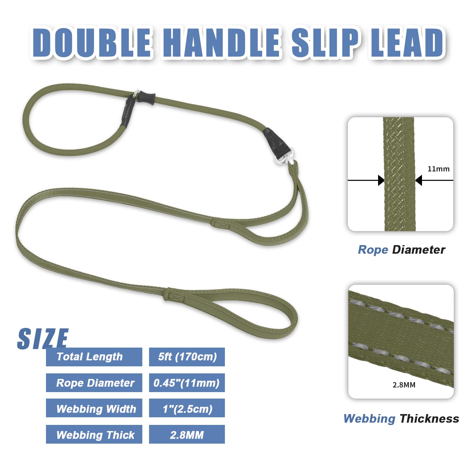 Slip Lead Dog Leash With Double Handle, Reflective Training [360 Swivel Anti-Tangle] Heavy Duty Nylon Slip And Collar For Medium