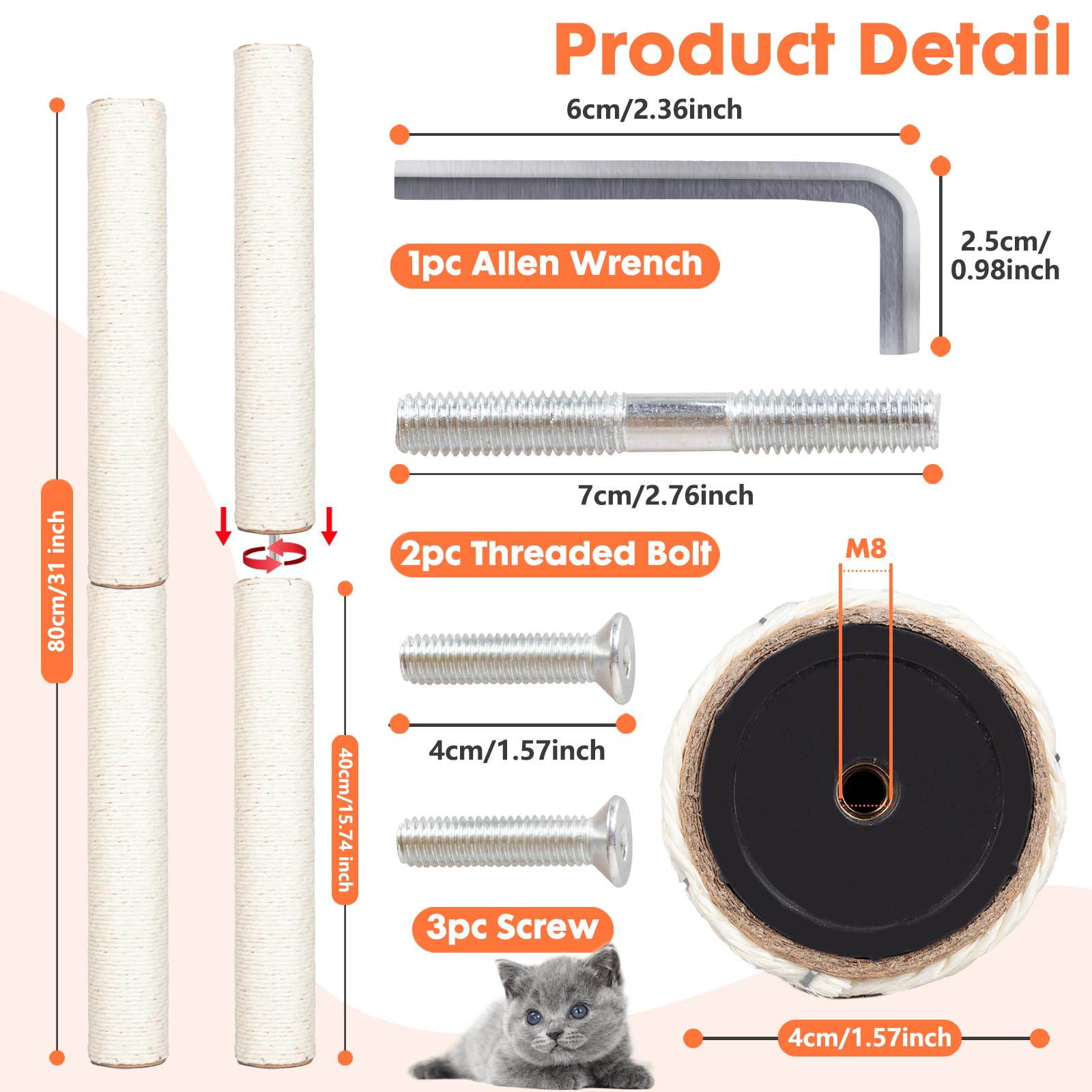 Powerking Natural Sisal Replacement Scratching Post, 15.7'' 2 Pieces M8 Cat Scratch Post Refill Pole Parts For Refurbishment, Include Screws (White)