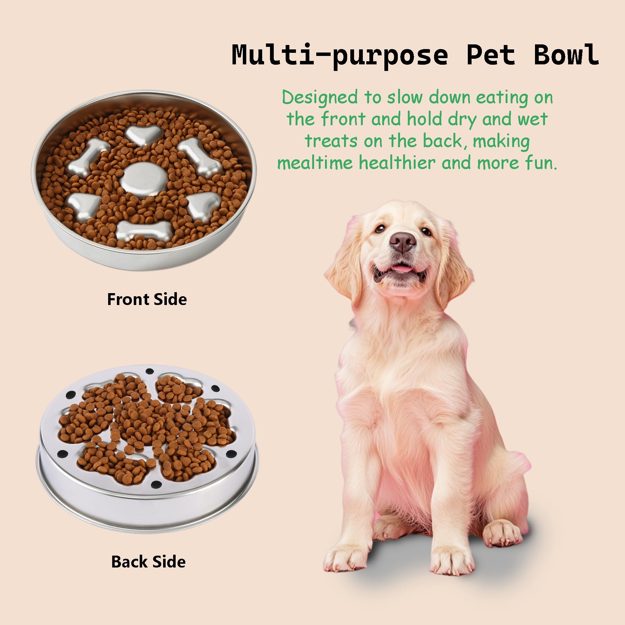 Cilkus Slow Feeder Dog Bowl Stainless Steel, 3 Cups Large Capacity, Designed To Slow Down Eating, Double-Sided Design Ideal For