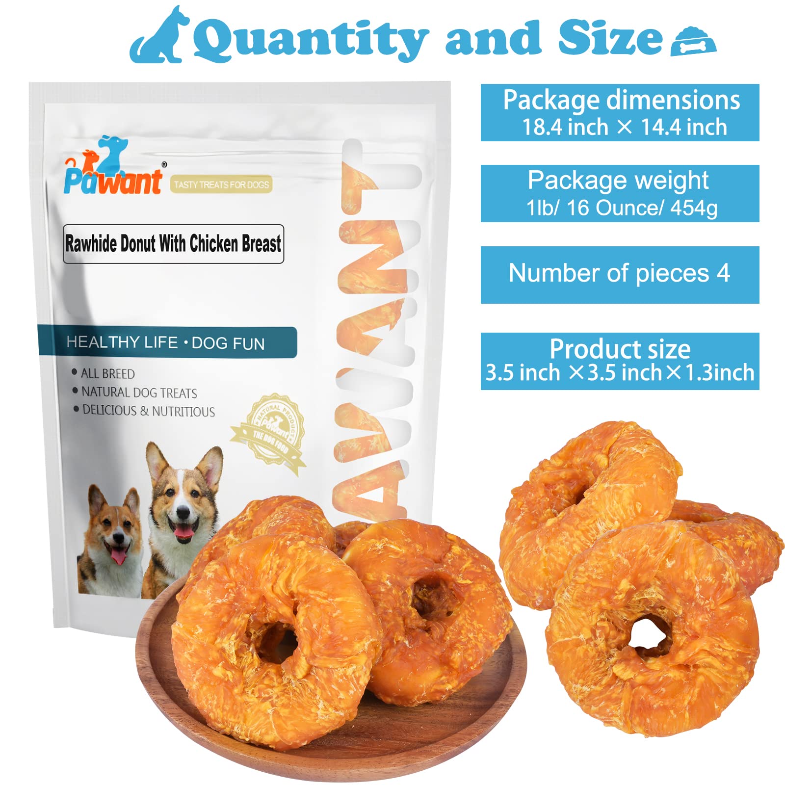 Pawant Dog Treats Long Lasting for Large Dog Clean Teeth Chicken Wrapped Rawhide Donuts 1lb/454g