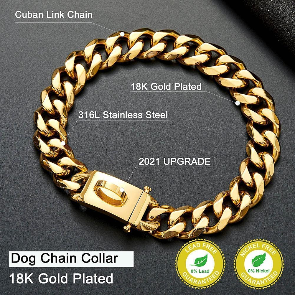 Gold Dog Chain Collar Walking Metal Chain Collar With Design Secure Buckle,18K Cuban Link Strong Heavy Duty Chew Proof For Mediu