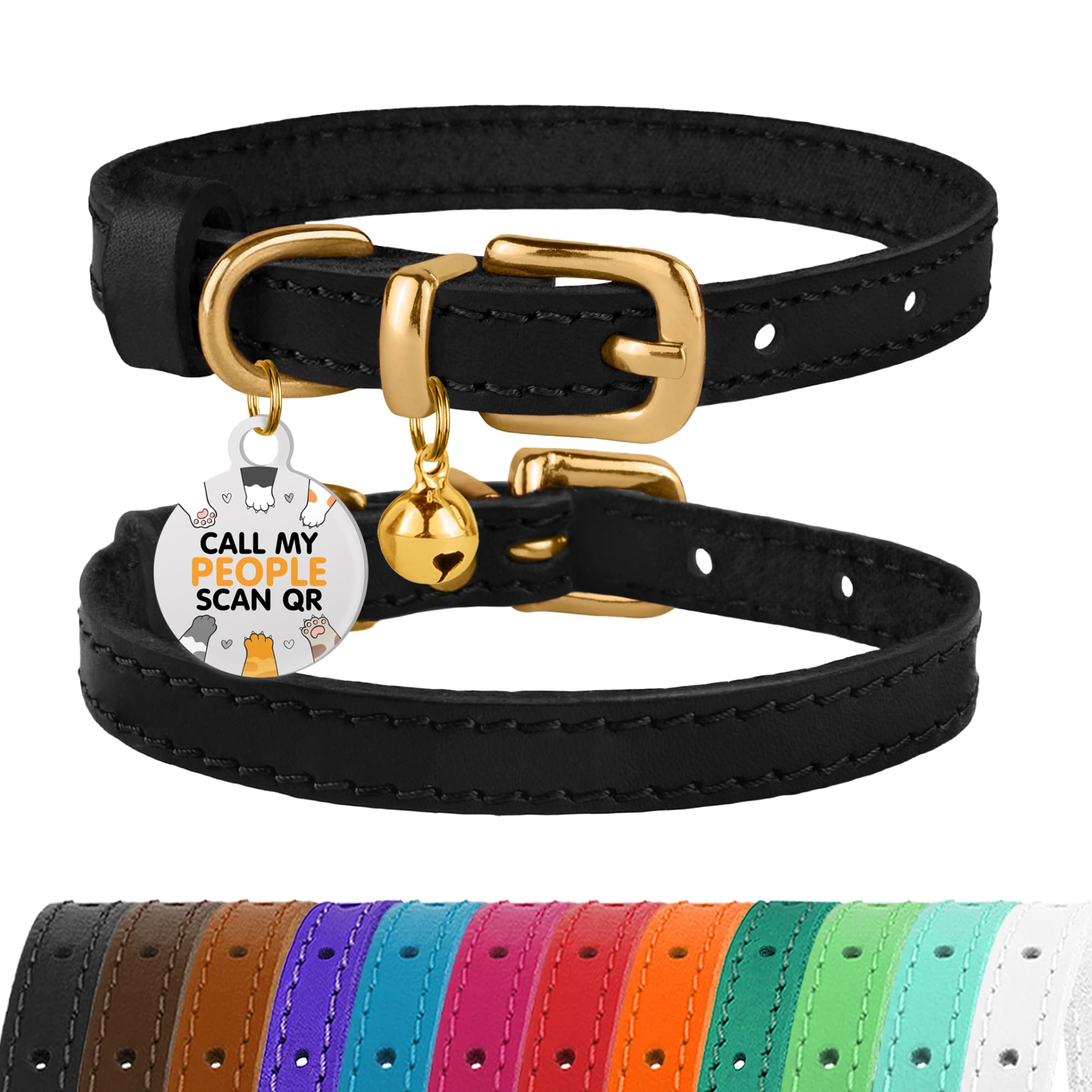 Bronzedog Leather Cat Collar With Removable Bells Non Breakaway Kitten Qr Tag For Girl Boy (7'' - 9'' For Cats, Turquoise & Silv