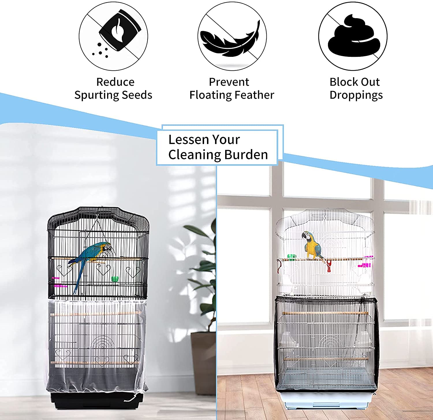 Bsbmieqm Universal Bird Cage Seed Catcher,Seed Catcher Guard Net Cover,Parrot Nylon Mesh Net Cover,Soft Airy Cage Net Stretchy Skirt For Round Square Cages(Circumference 50 Inch To 90 Inch，White)